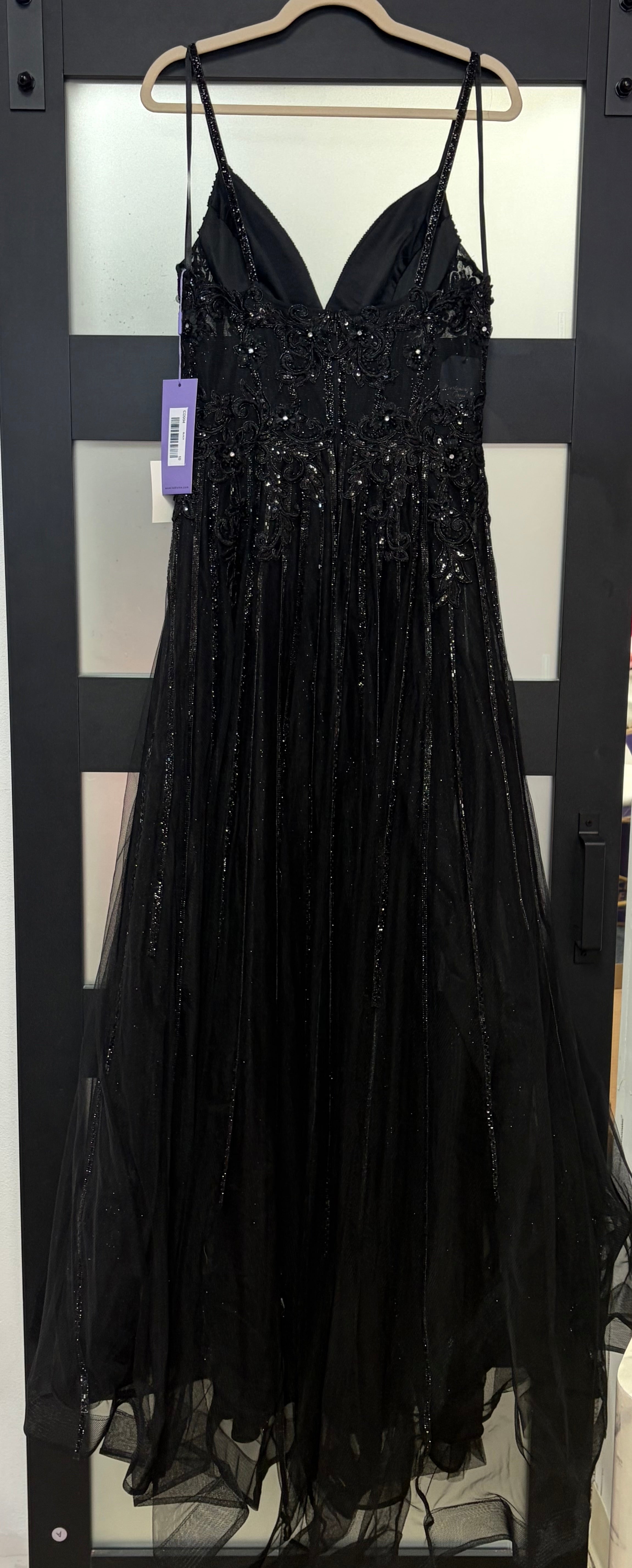 LaDivine CD994 Black Glitter Tulle A-Line Formal Gown with Floral Appliqué