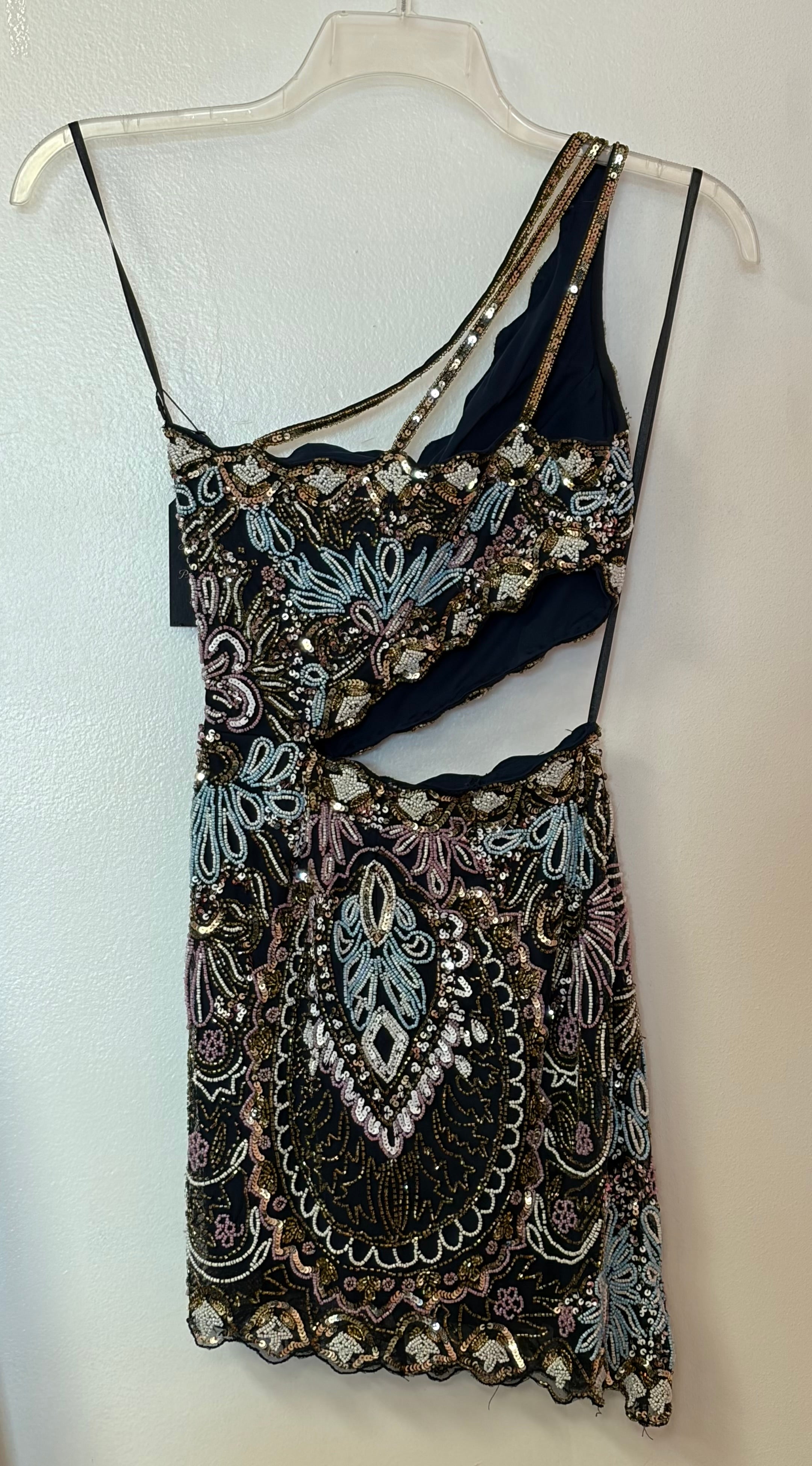 Rachel Allan Black Multi Beaded One-Shoulder Cutout Cocktail Dress