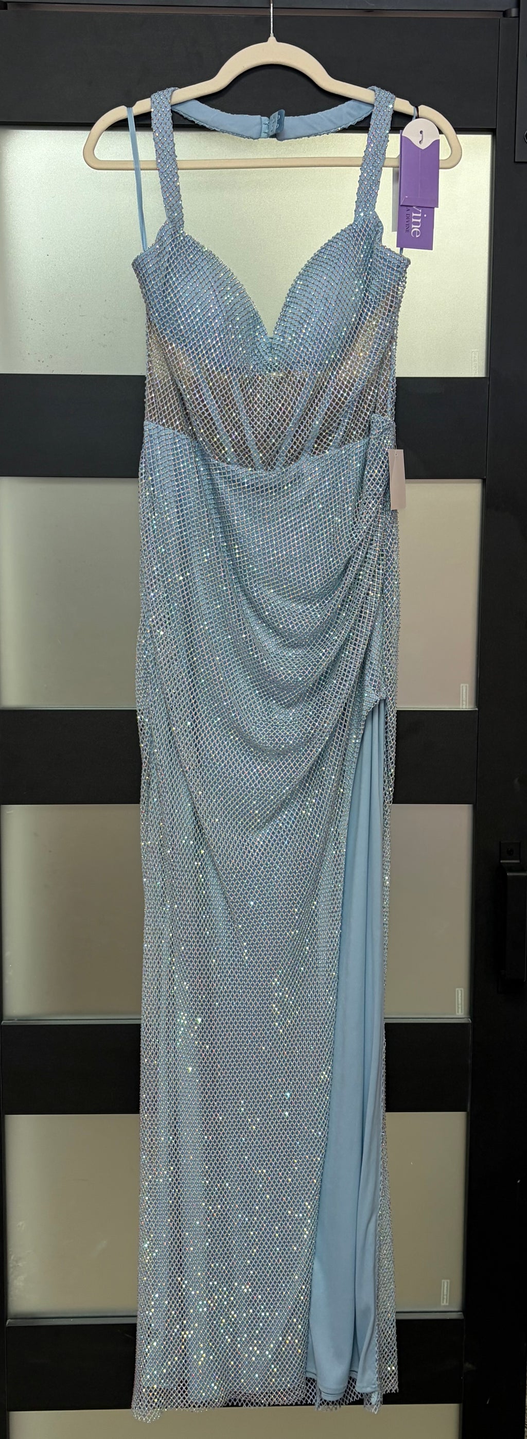LaDivine CD338 Ice Blue Rhinestone Mesh Gown with Lace-Up Back