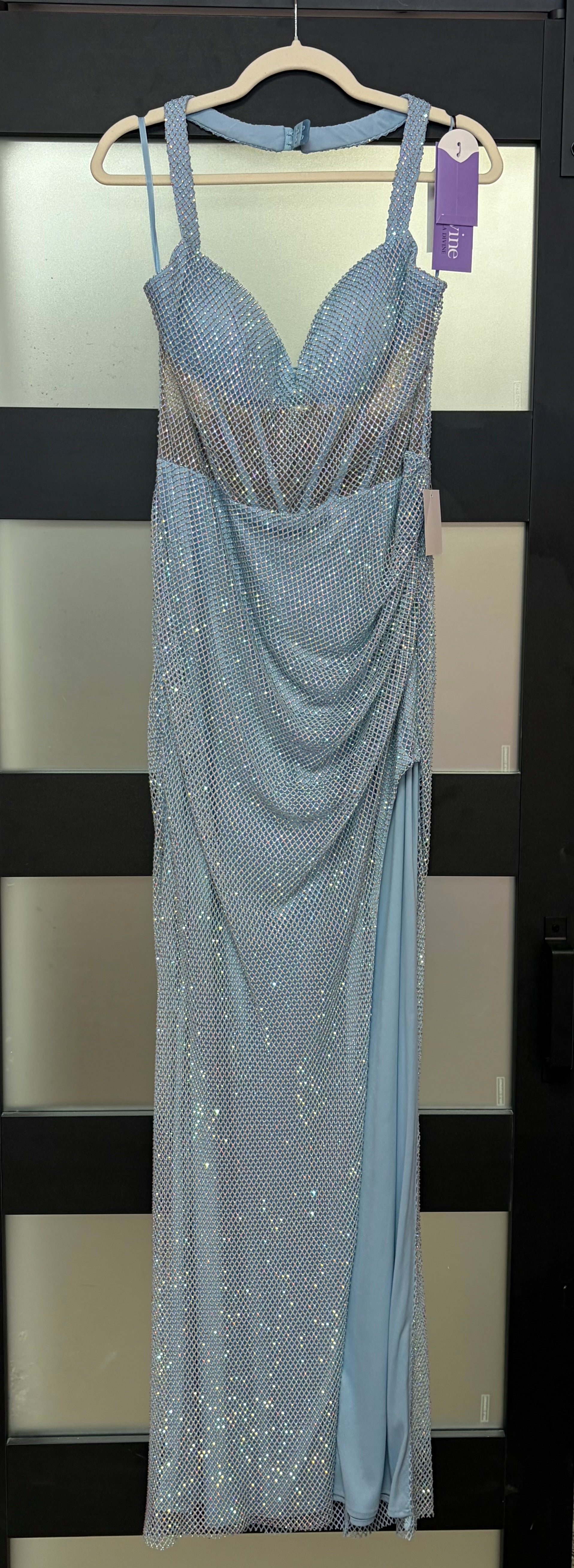 LaDivine CD338 Ice Blue Rhinestone Mesh Gown with Lace-Up Back