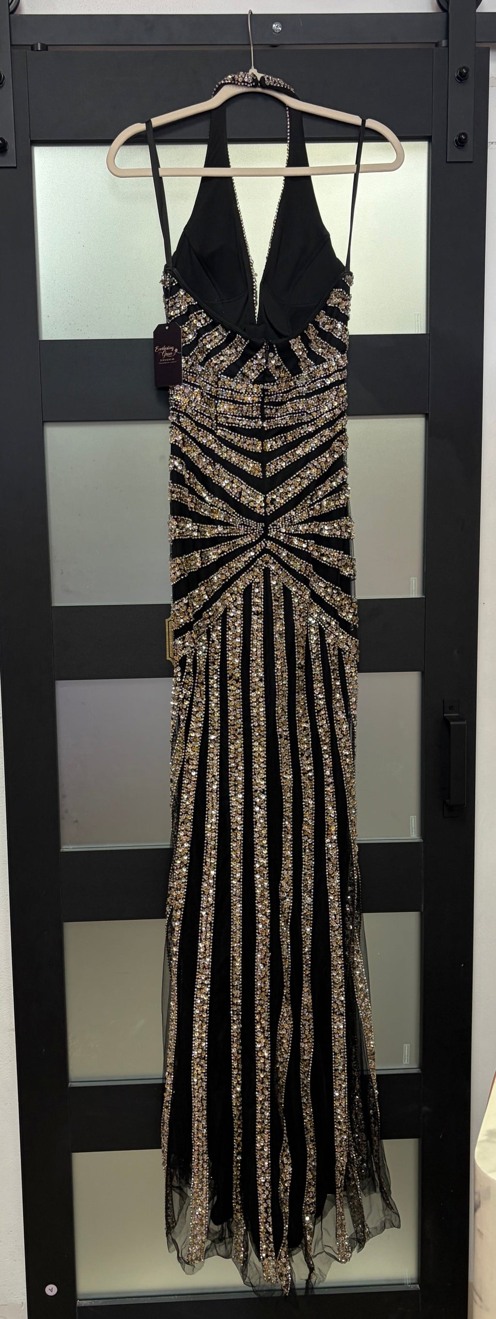 Colors Dress Style 3937 Black & Gold Beaded Halter Formal Gown