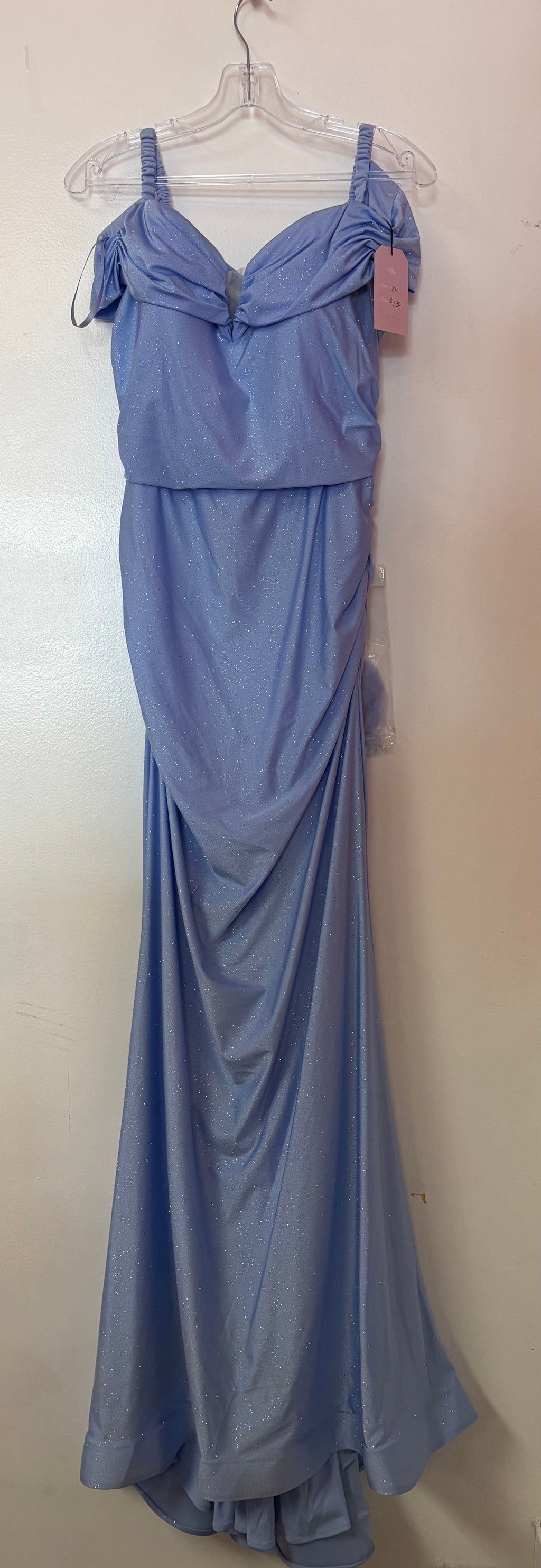 Chicas C325 Periwinkle Glitter Off-the-Shoulder Mermaid Gown with Ruched Bodice