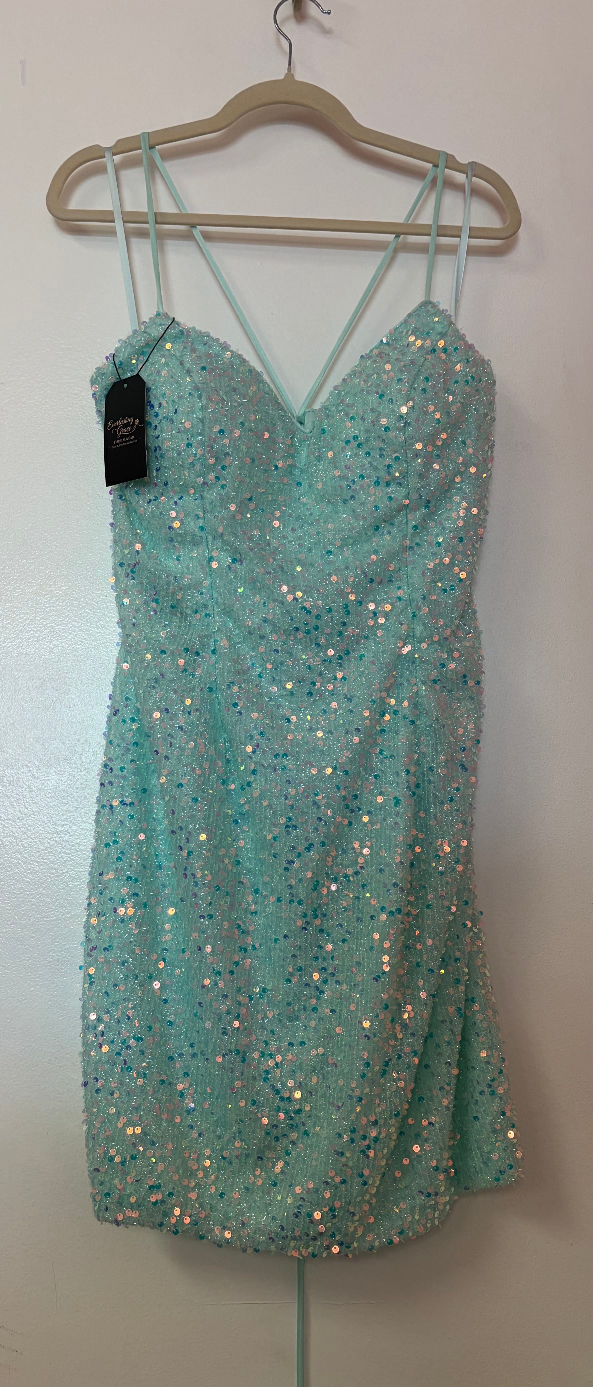 Adora 1011 Aqua Iridescent Sequin Homecoming Dress with Open Strap Back