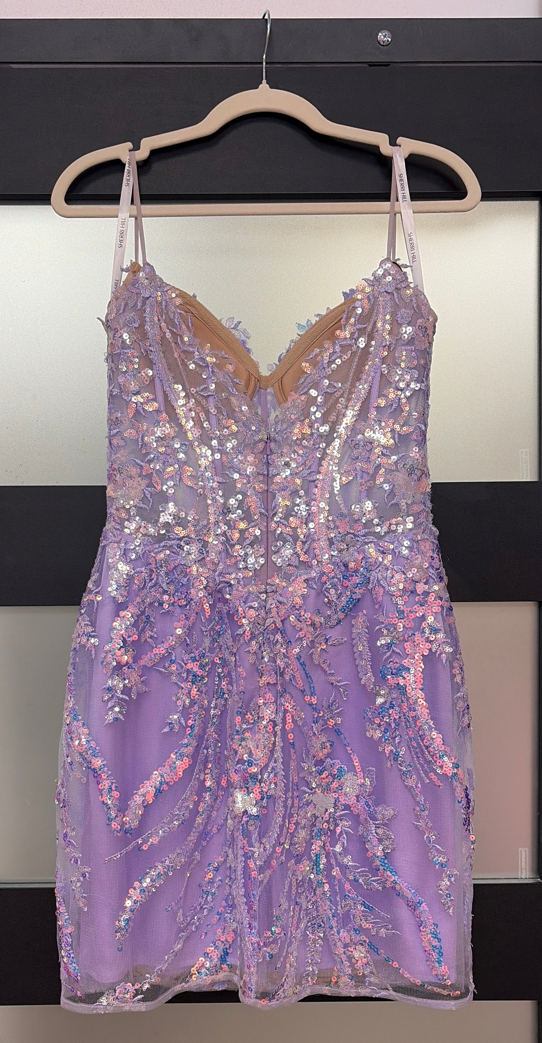 Sherri Hill 55686 Lilac Beaded Homecoming Dress with Iridescent Floral Sequin Embellishments