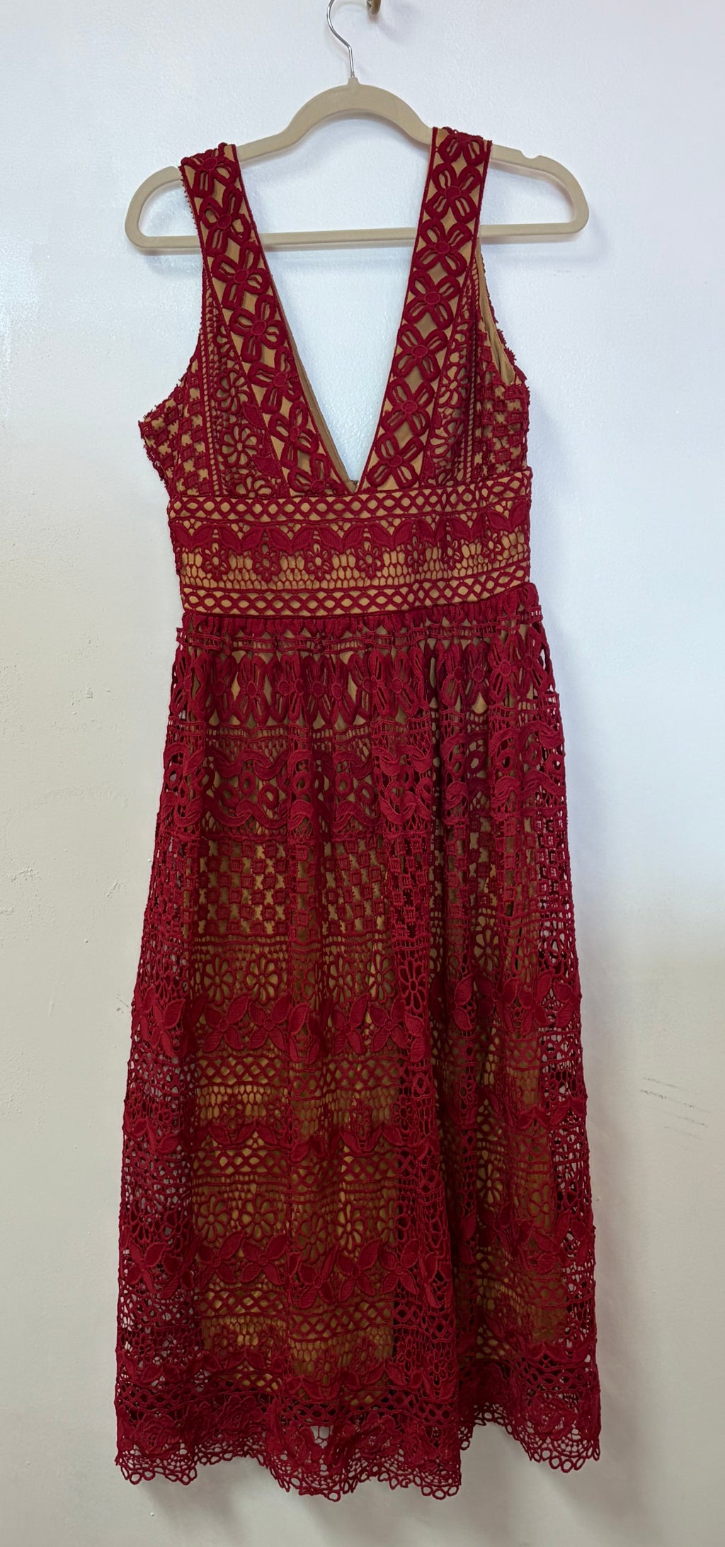 Boohoo Burgundy Crochet Lace Plunge Fit and Flare Dress