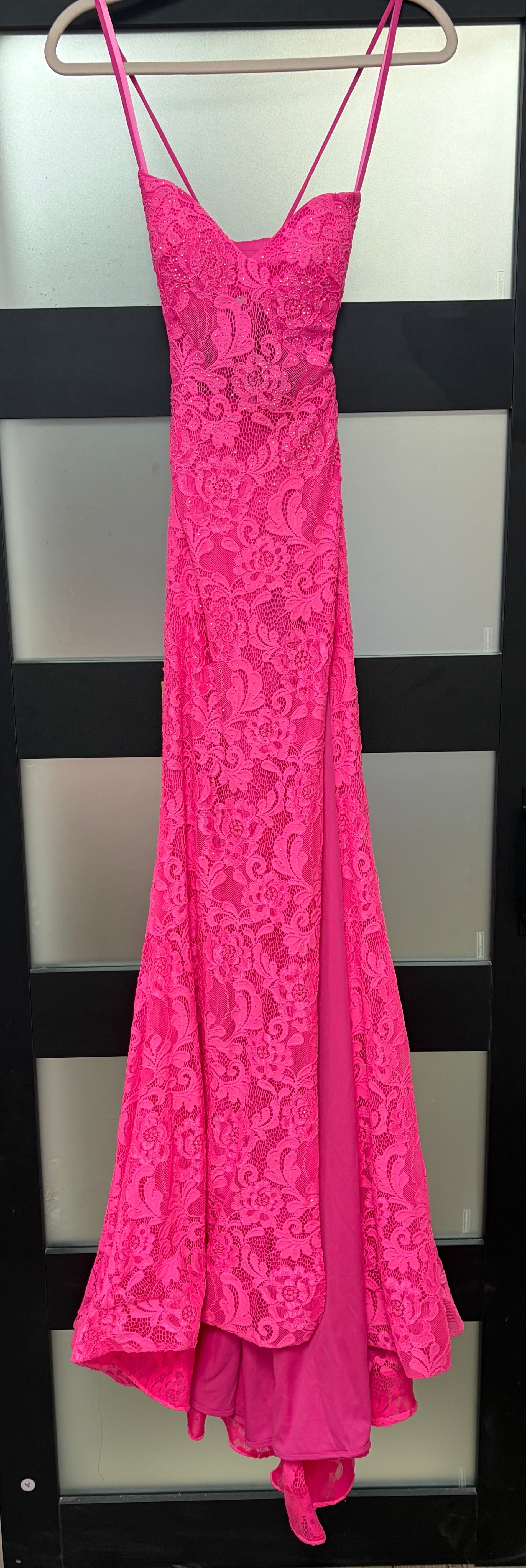 La Femme 30171 Hot Pink Lace Mermaid Gown with Open Back