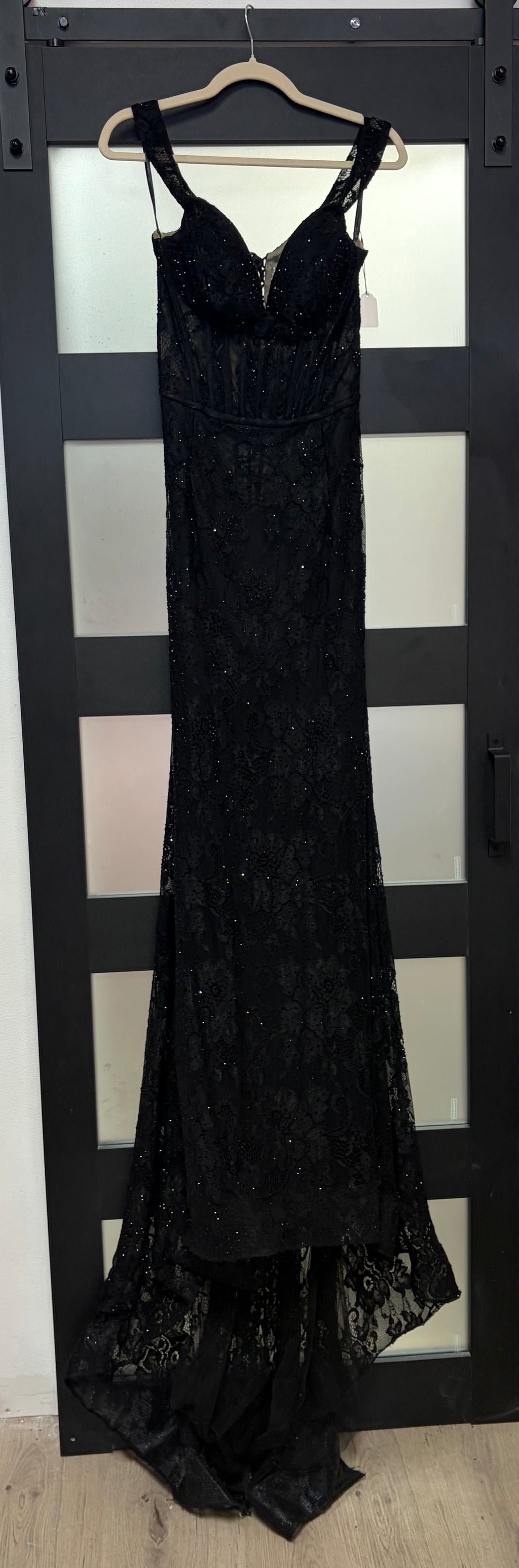 Sherri Hill Black Lace Corset Mermaid Prom Gown