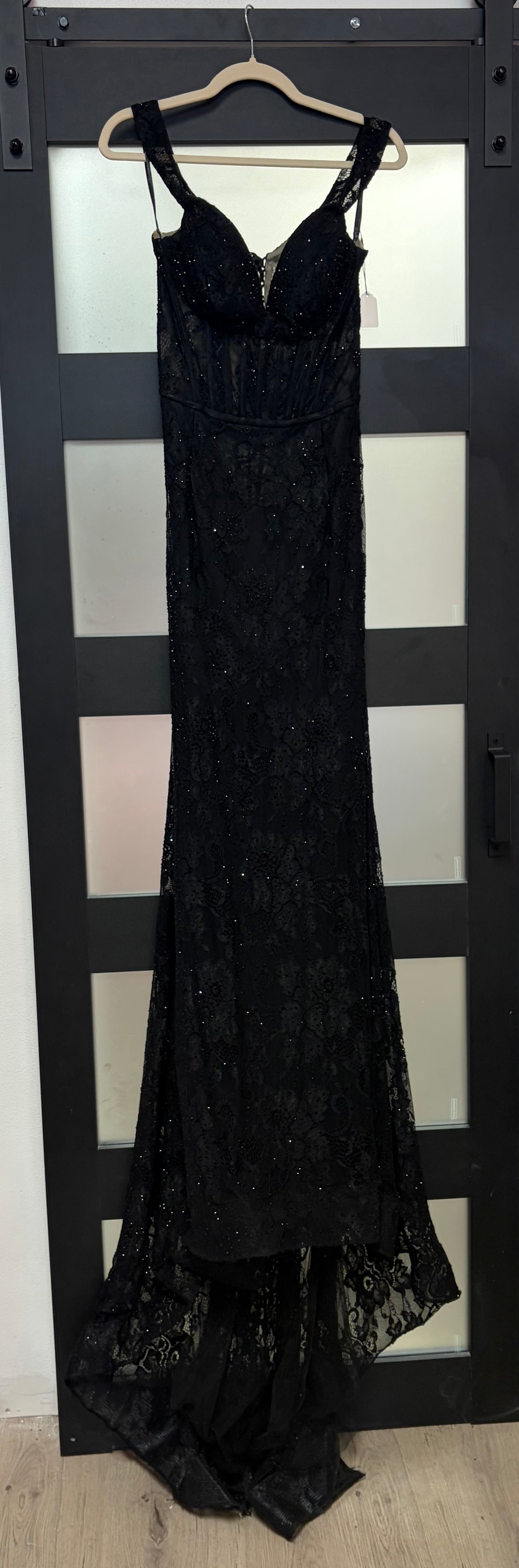 Sherri Hill Black Lace Corset Mermaid Prom Gown
