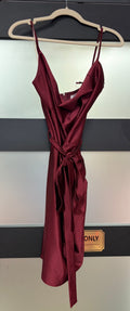 Honey and Rosie Burgundy Shimmer Satin Wrap Cocktail Dress with Cowl Neck