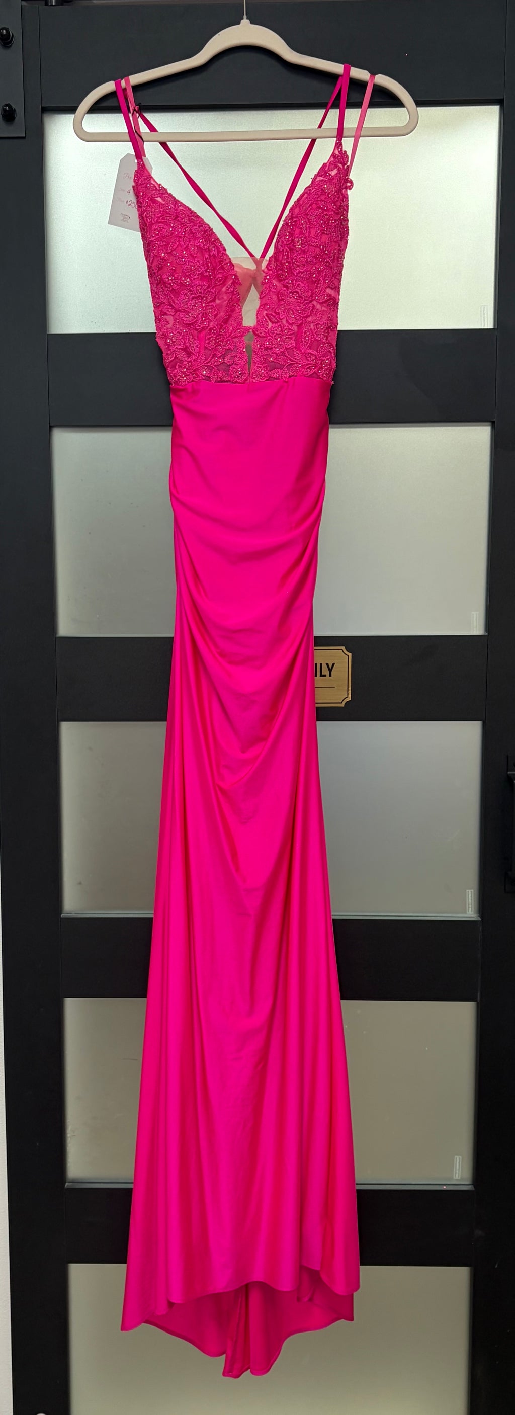 La Femme 30606 Hot Pink Satin Gown with Embellished Lace Bodice