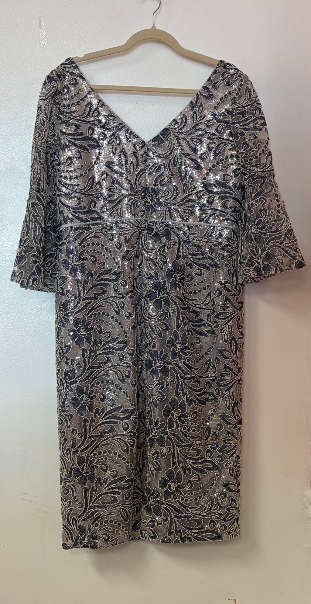 Alexander by Daymor Navy Embroidered Cocktail Dress with Bell Sleeves and Floral Sequin Detailing
