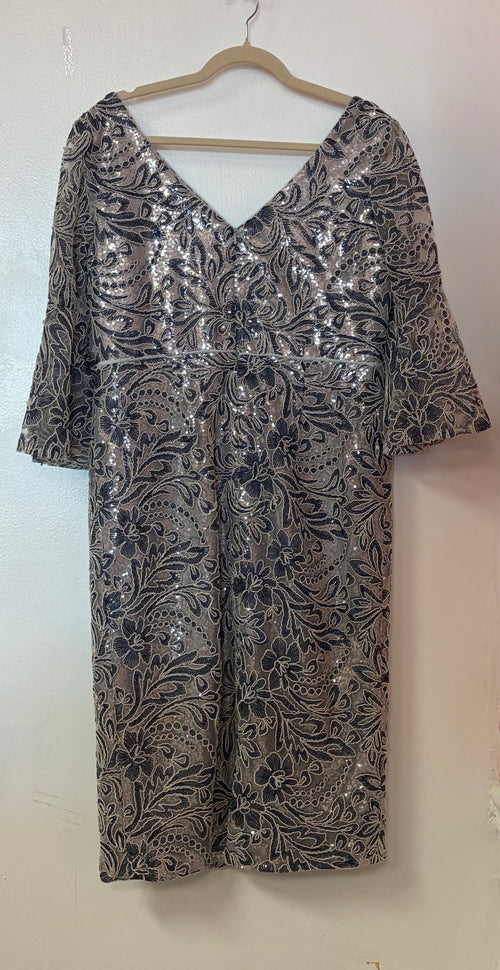 Alexander by Daymor Navy Embroidered Cocktail Dress with Bell Sleeves and Floral Sequin Detailing