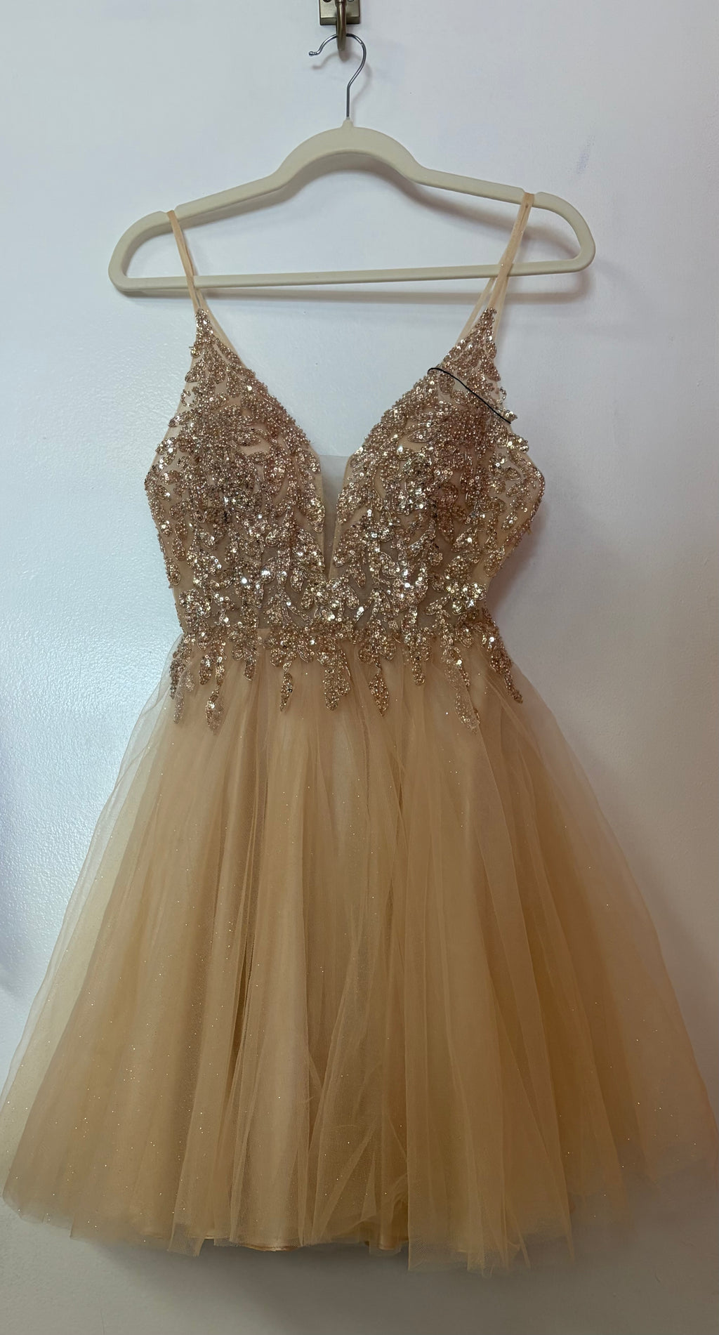 May Queen MQ1888 Champagne Beaded Glitter Tulle Homecoming Dress
