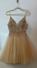 May Queen MQ1888 Champagne Beaded Glitter Tulle Homecoming Dress