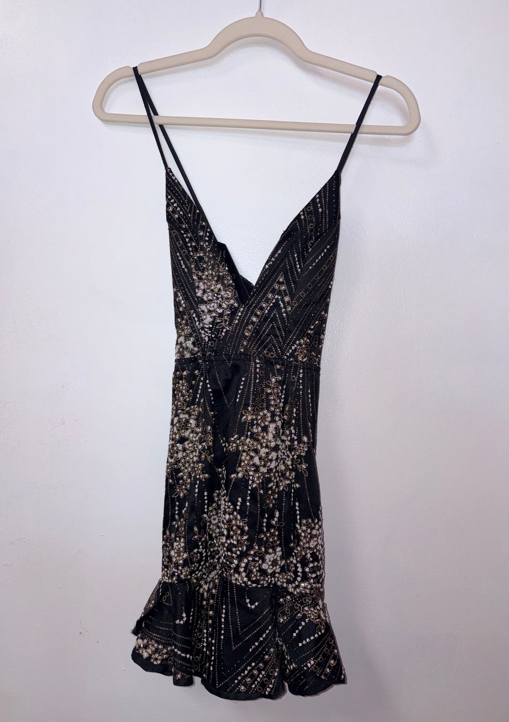 Hello Molly Black & Gold Sequin Flounce Hem Mini Dress