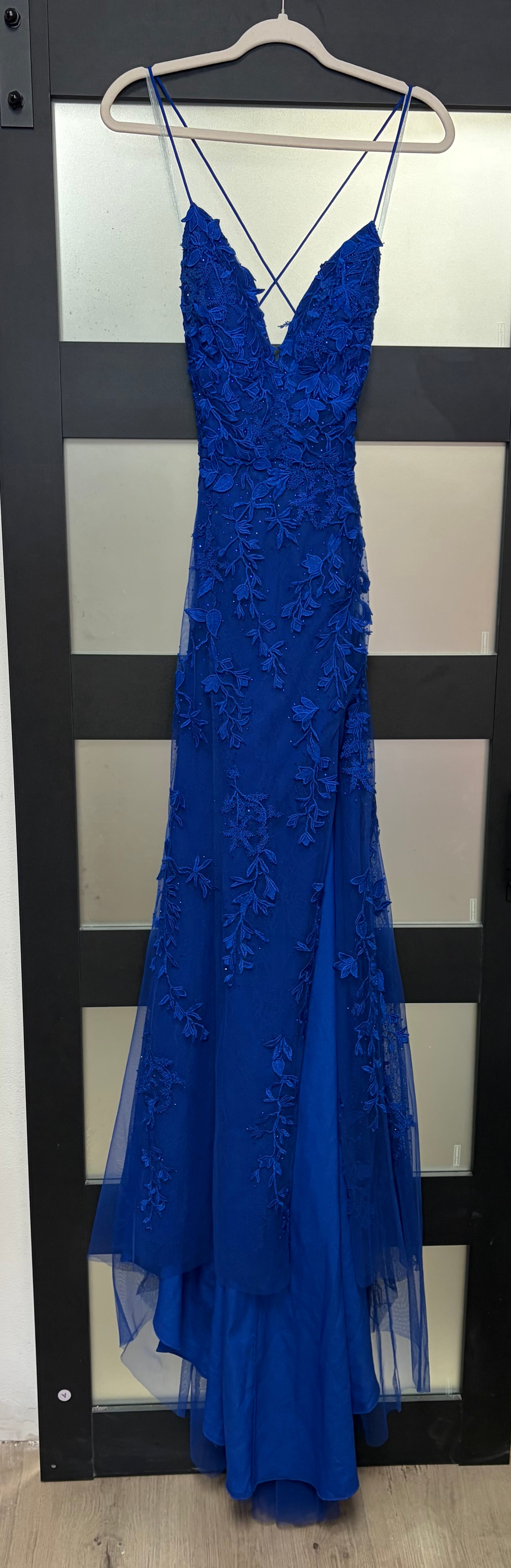 Sherri Hill 55476 Royal Blue Floral Appliqué Prom Dress with Lace-Up Back