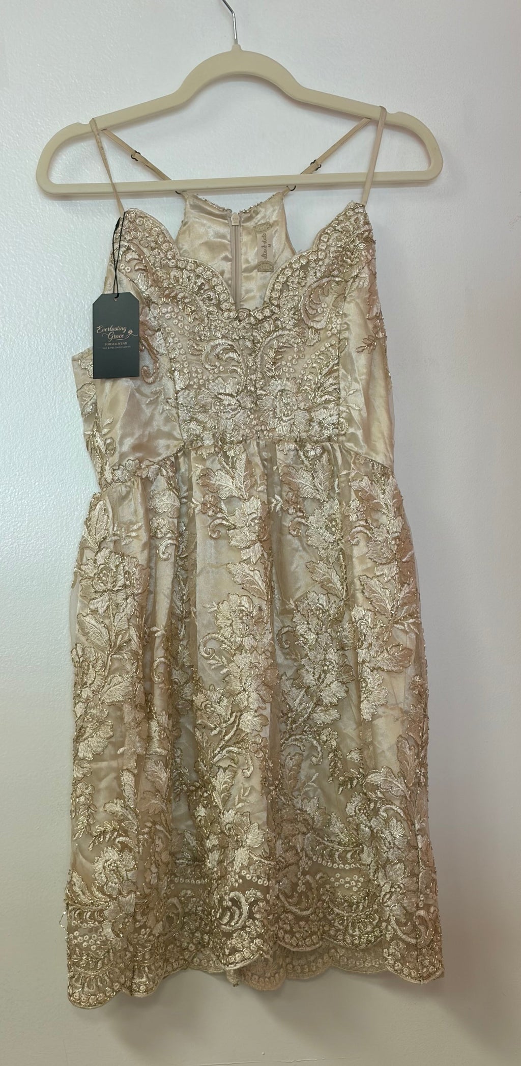 Altar’d State Champagne Embroidered Lace Fit and Flare Dress with Beaded Bodice