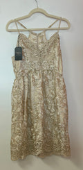 Altar’d State Champagne Embroidered Lace Fit and Flare Dress with Beaded Bodice