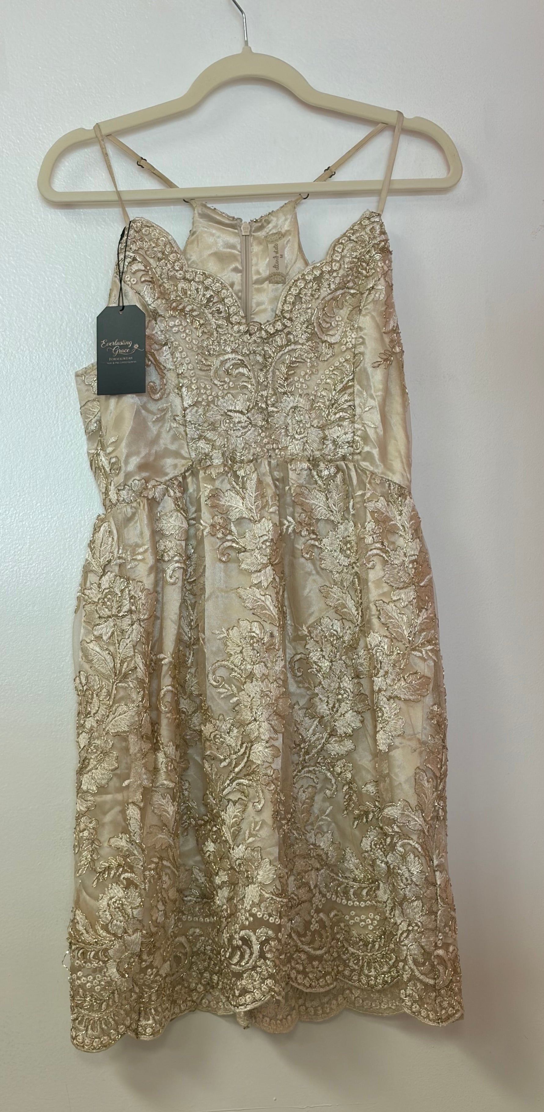 Altar’d State Champagne Embroidered Lace Fit and Flare Dress with Beaded Bodice