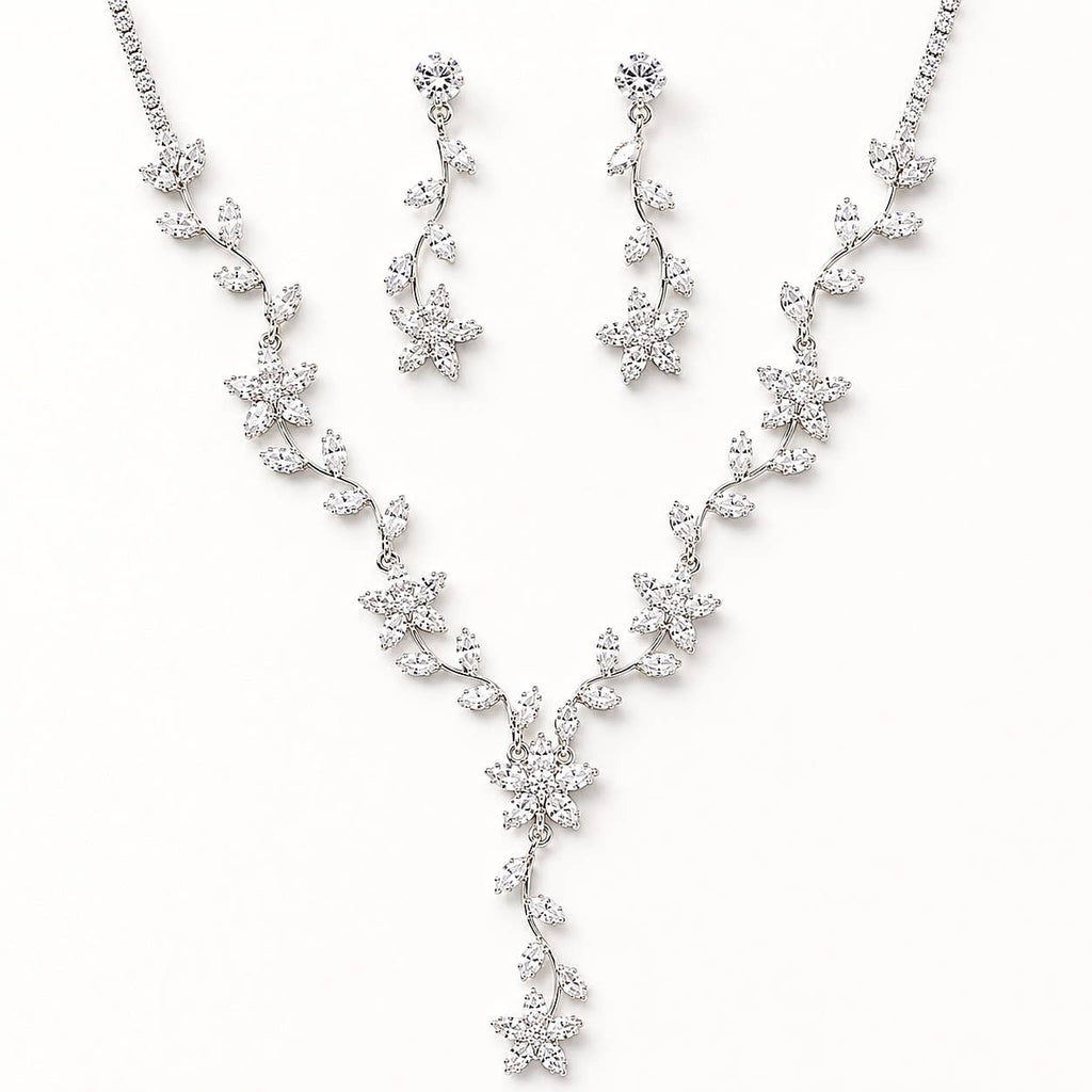 Diacly - Cubic Zirconia CZ Floral Vine Necklace and Earring Set Bridal Bridesmaid Prom Jewelry