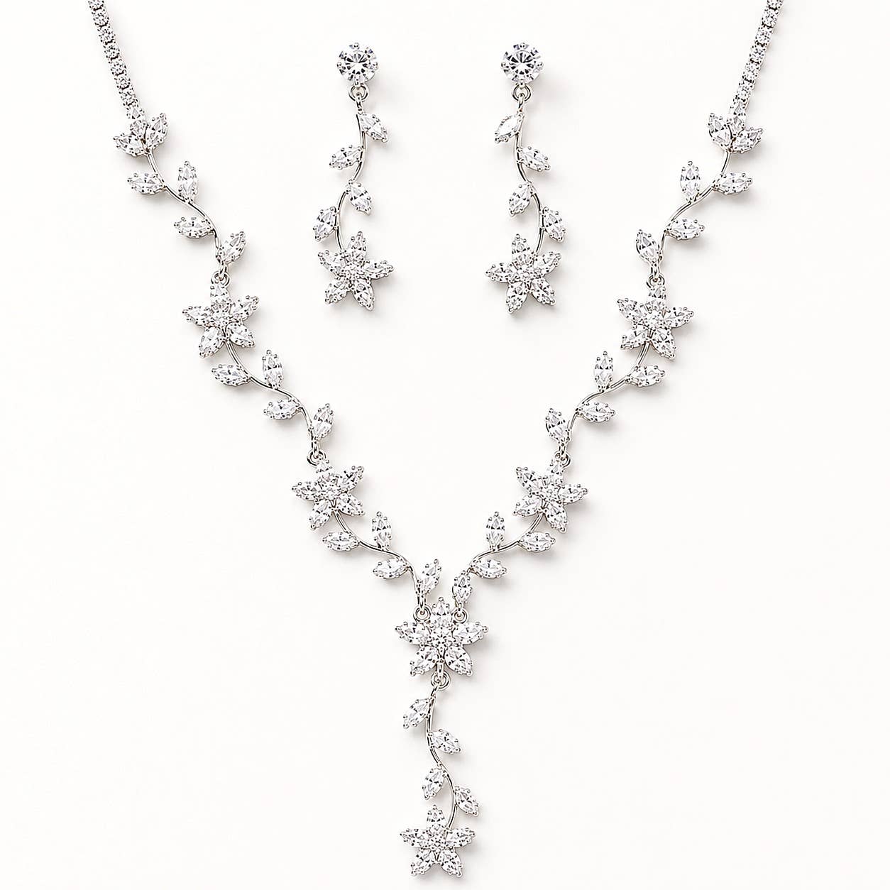 Diacly - Cubic Zirconia CZ Floral Vine Necklace and Earring Set Bridal Bridesmaid Prom Jewelry