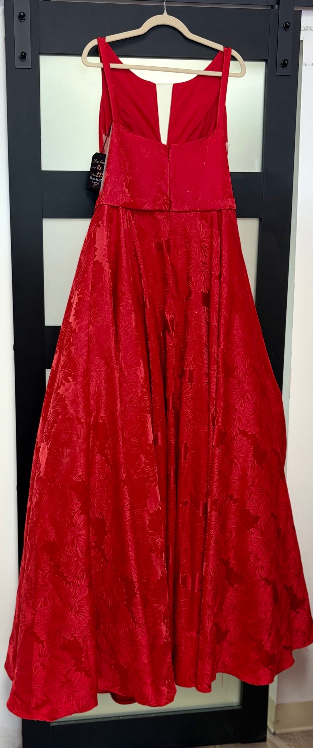 Sherri Hill 52349 Red Floral Jacquard Ball Gown with Plunging Neckline