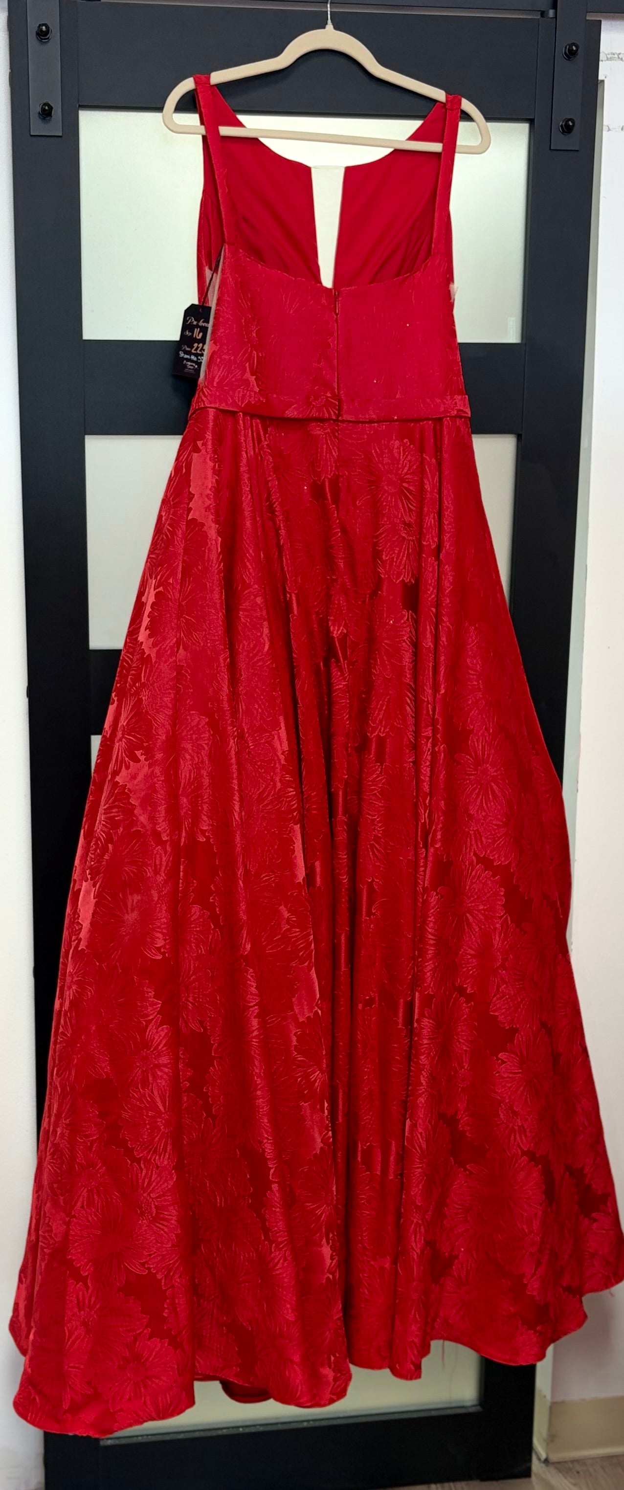 Sherri Hill 52349 Red Floral Jacquard Ball Gown with Plunging Neckline
