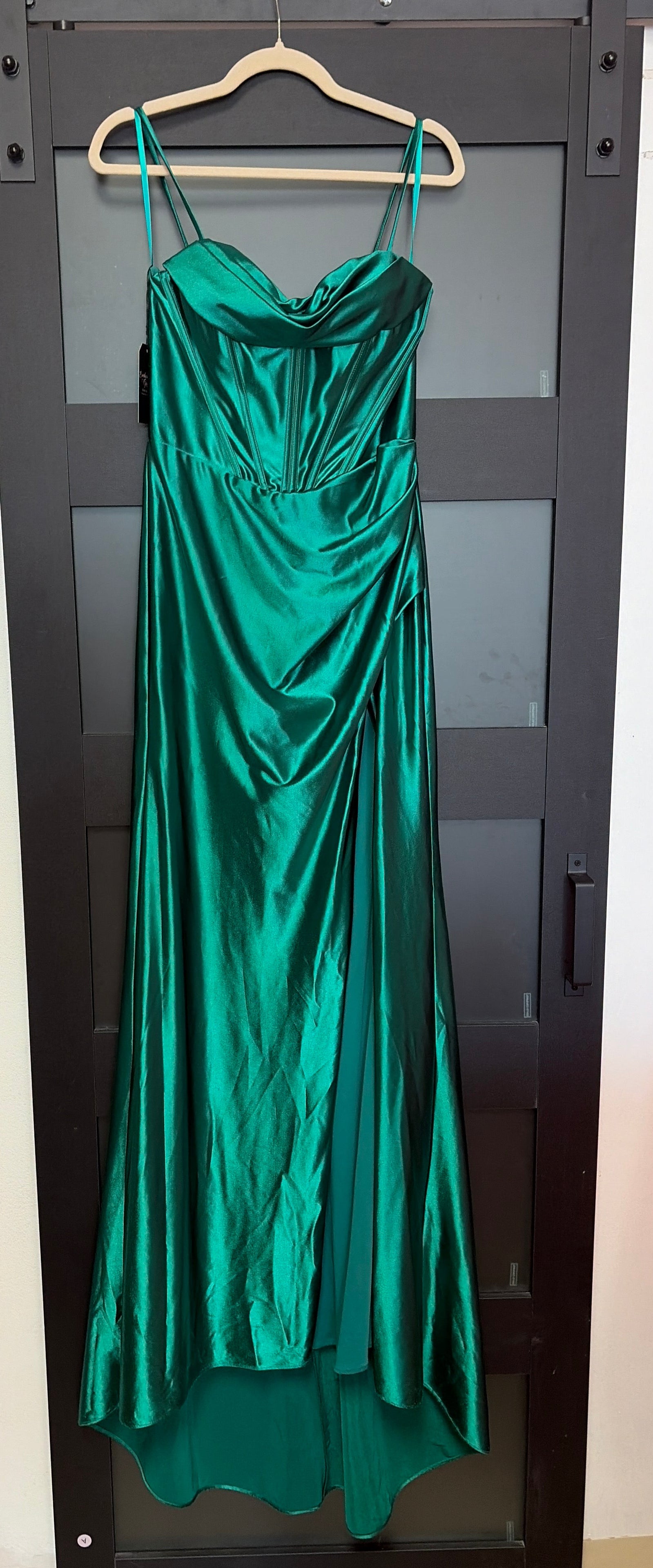 Emerald Green Amelia Couture corset cowl bust with optional train bustle in back