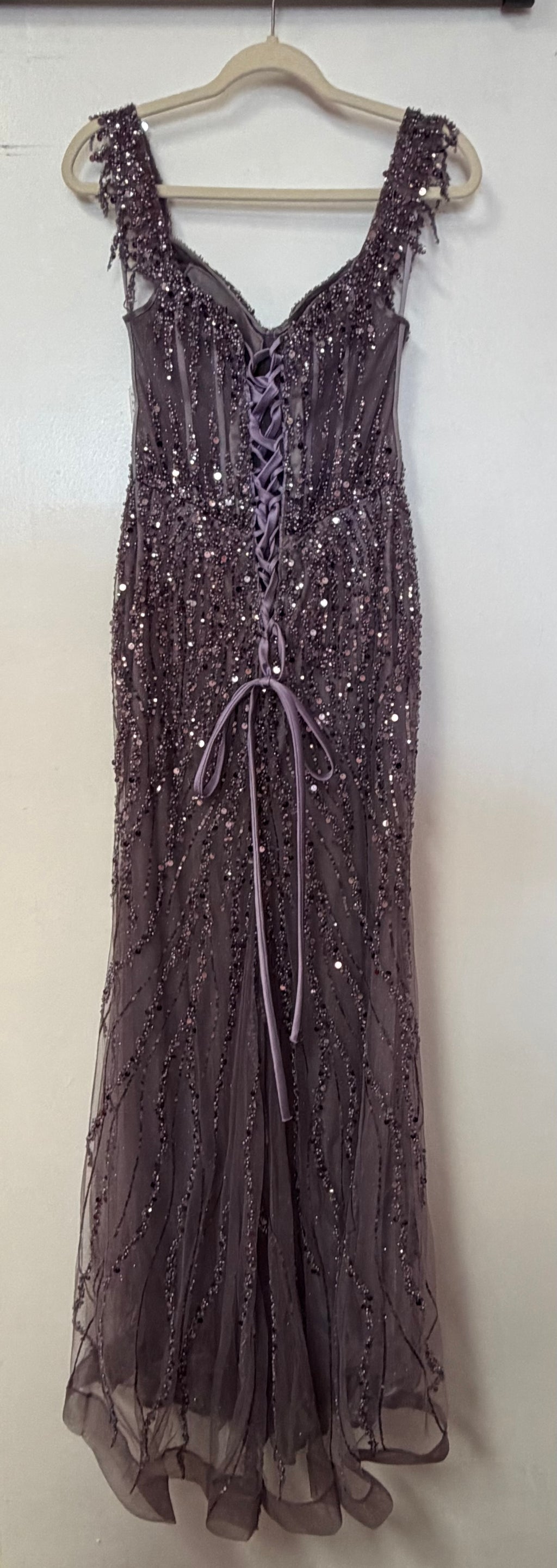 LaDivine CD0203 Dusty Mauve Beaded A-Line Gown with Corset Back and Cascading Sequin Embellishments