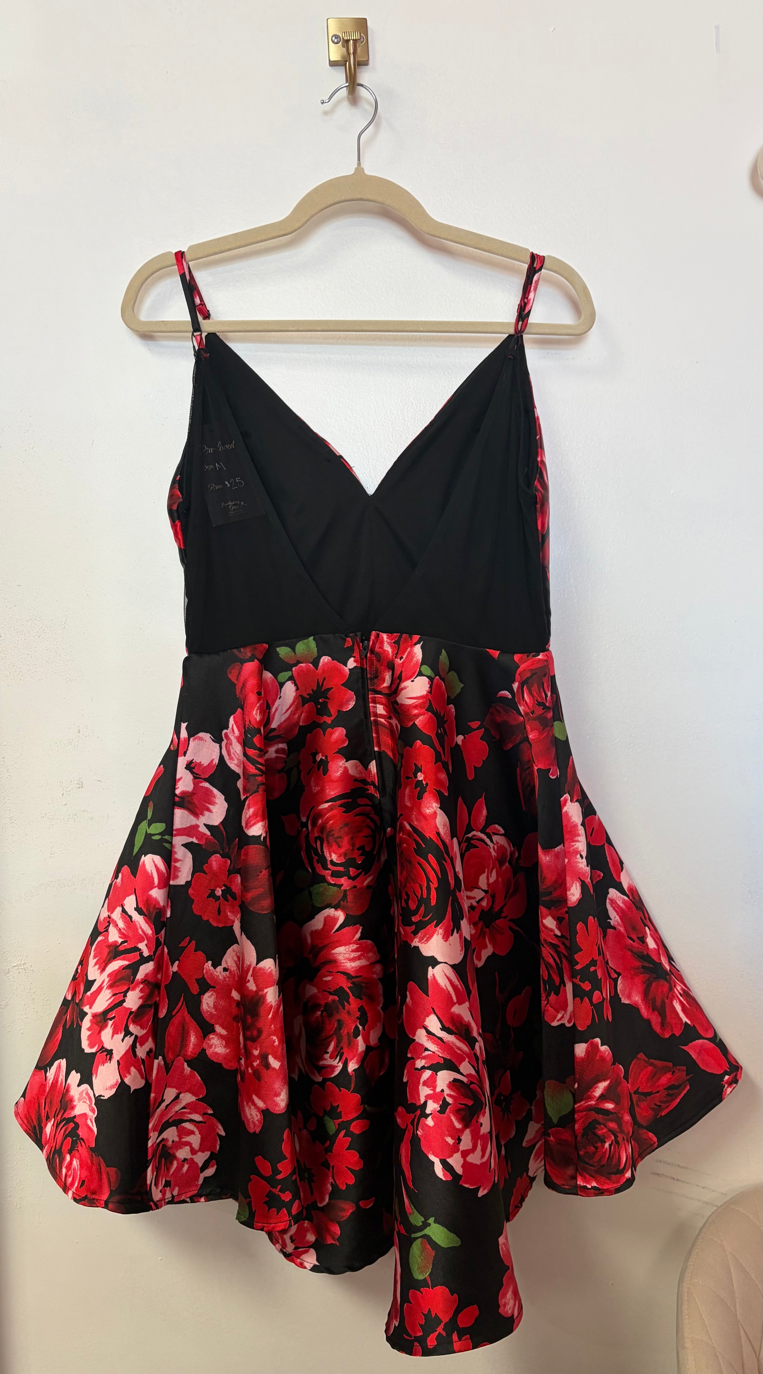 B Smart Black Red Floral Satin Fit & Flare Homecoming Dress Rose Print Party Dress
