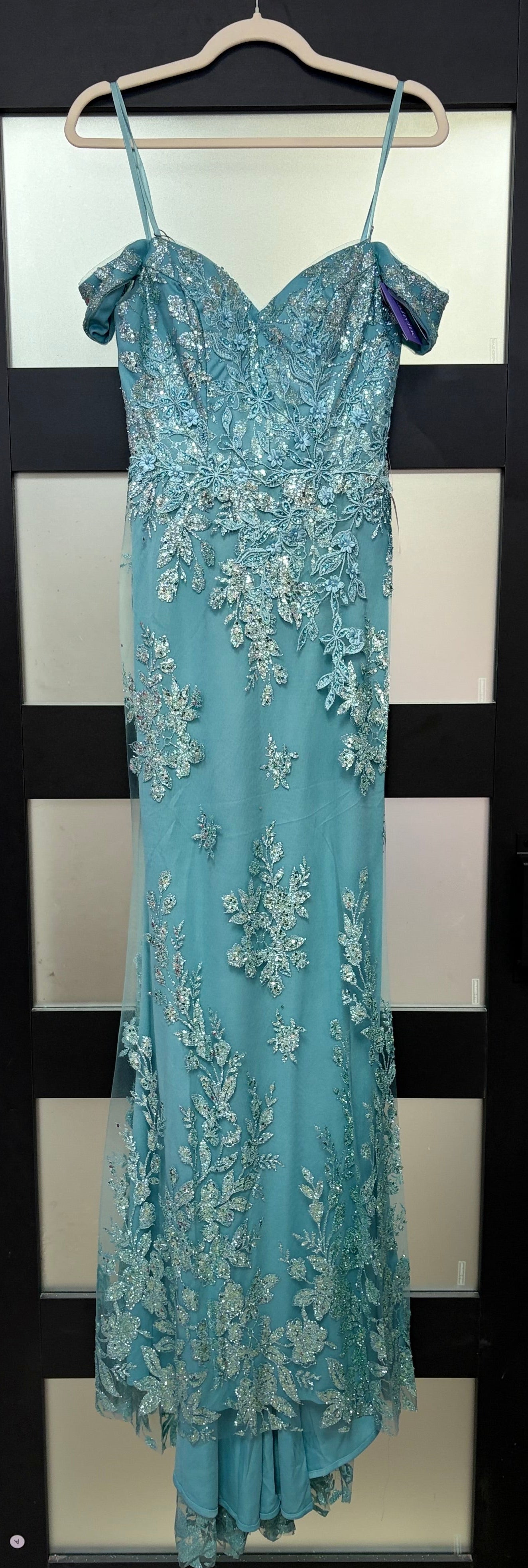 LaDivine OC014 Dusty Blue Embroidered Off-Shoulder Formal Gown