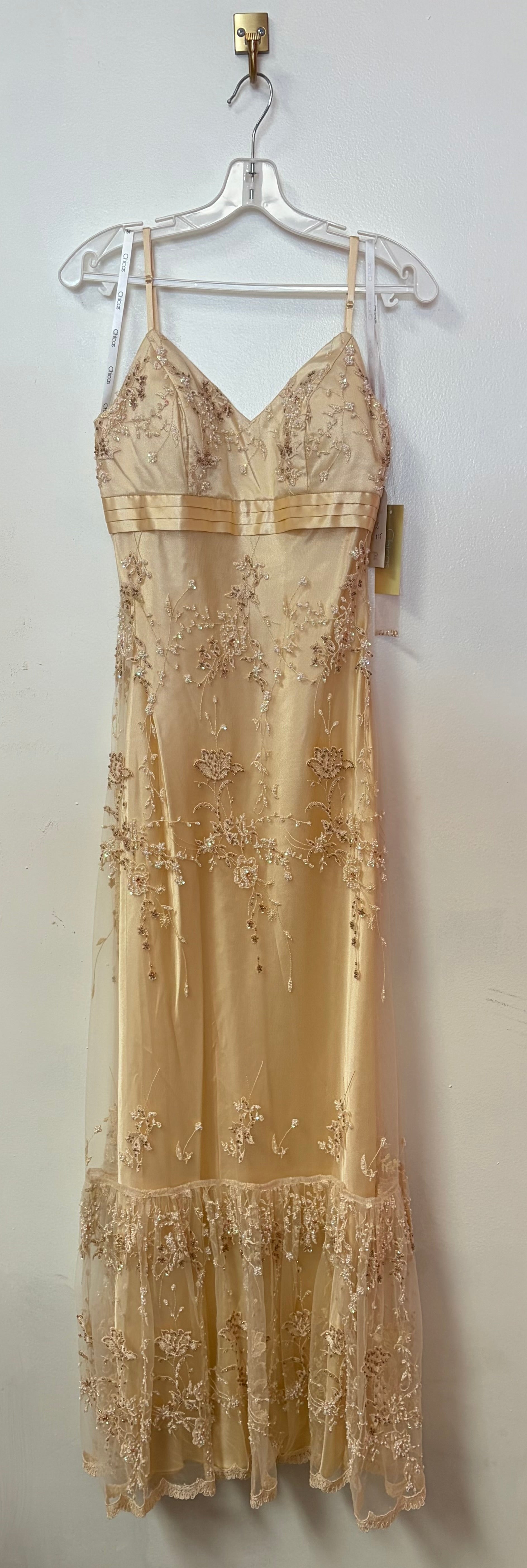 Chicas 96095 Champagne Embroidered Mesh Formal Dress with Beaded Floral Detail