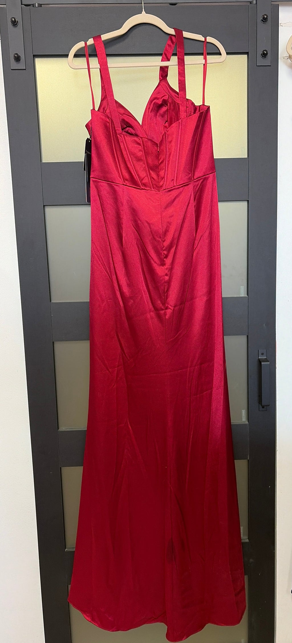 LaDivine CD231 Burgundy Satin Corset Gown with Pleated Bust and Draped Skirt