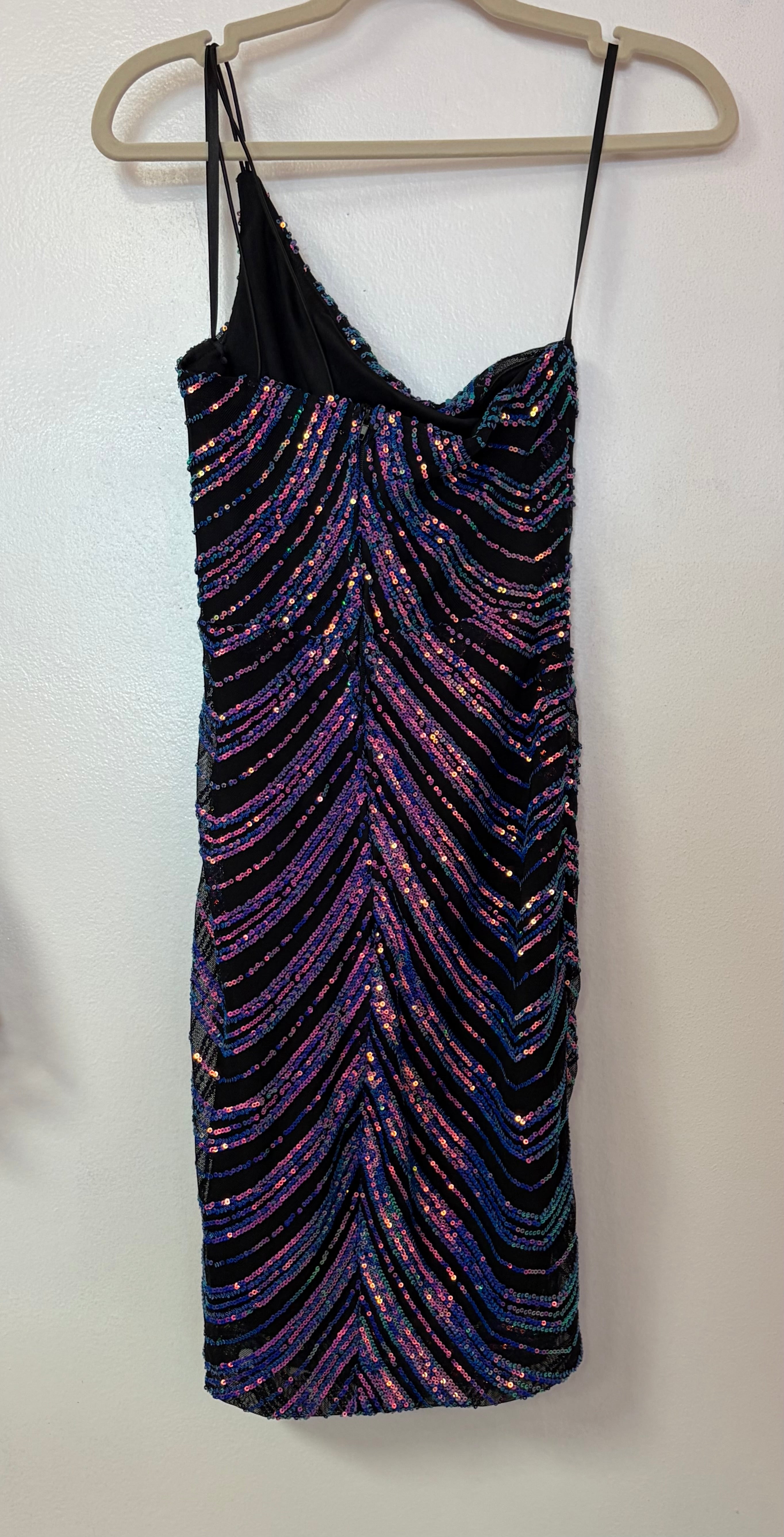 B Darlin Black Iridescent Sequin One-Shoulder Cocktail Dress