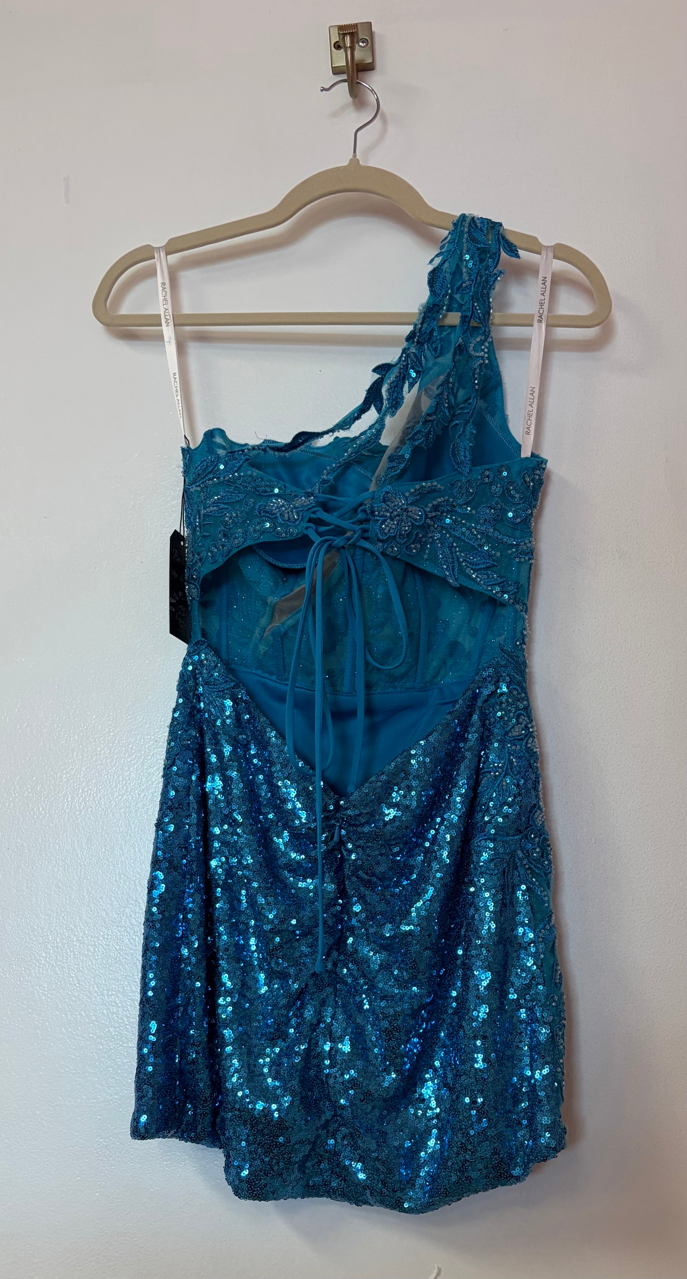 Rachel Allan 40321 One‑Shoulder Sequin Lace Mini Dress Teal Homecoming