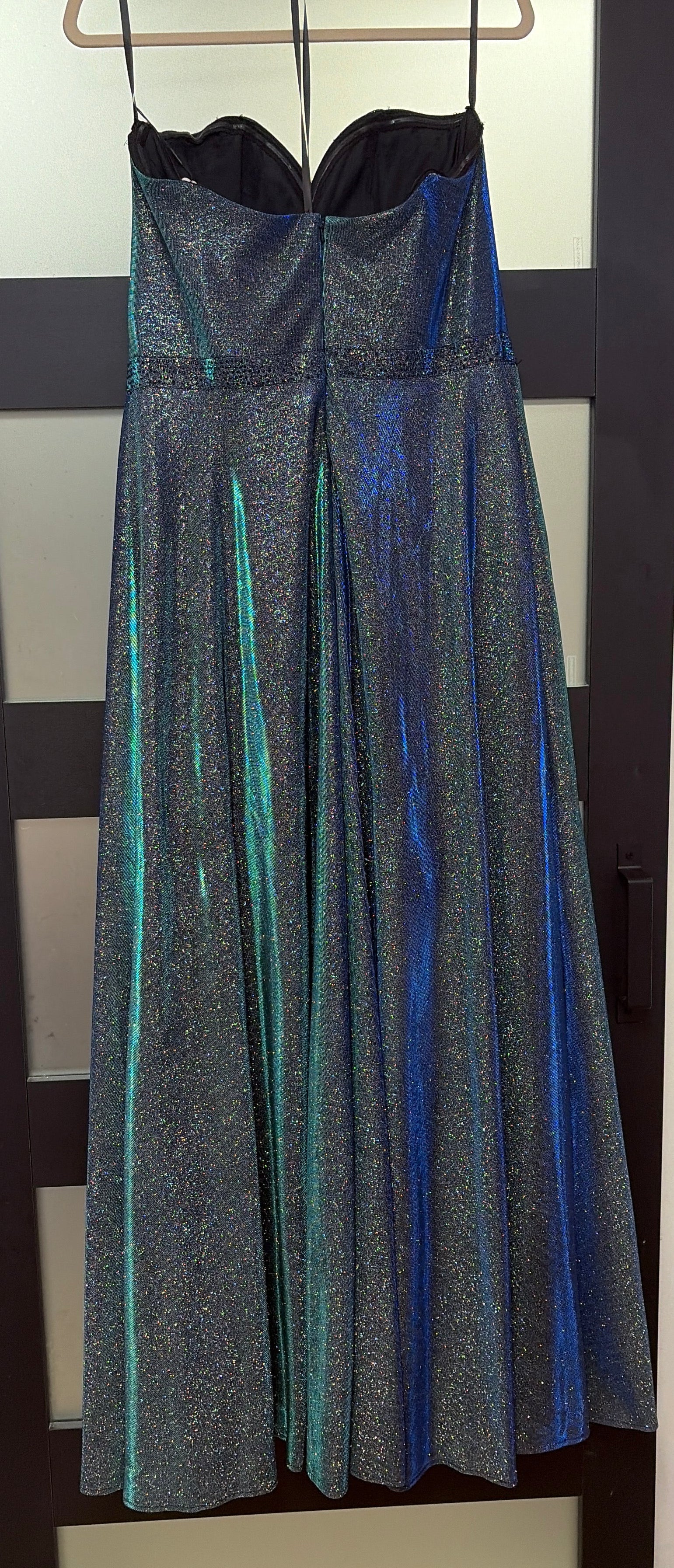 Ellie Wilde Iridescent Glitter High-Low Formal Gown with Cape Overlay
