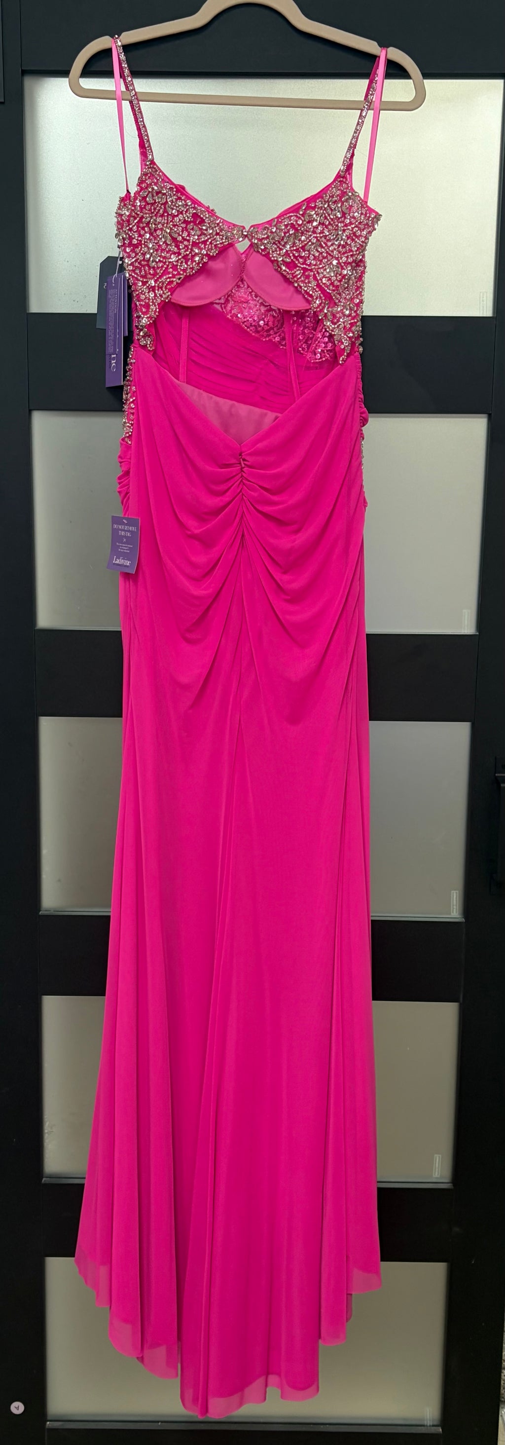 LaDivine CDS552 Hot Pink Beaded Ruched Evening Gown with High Slit