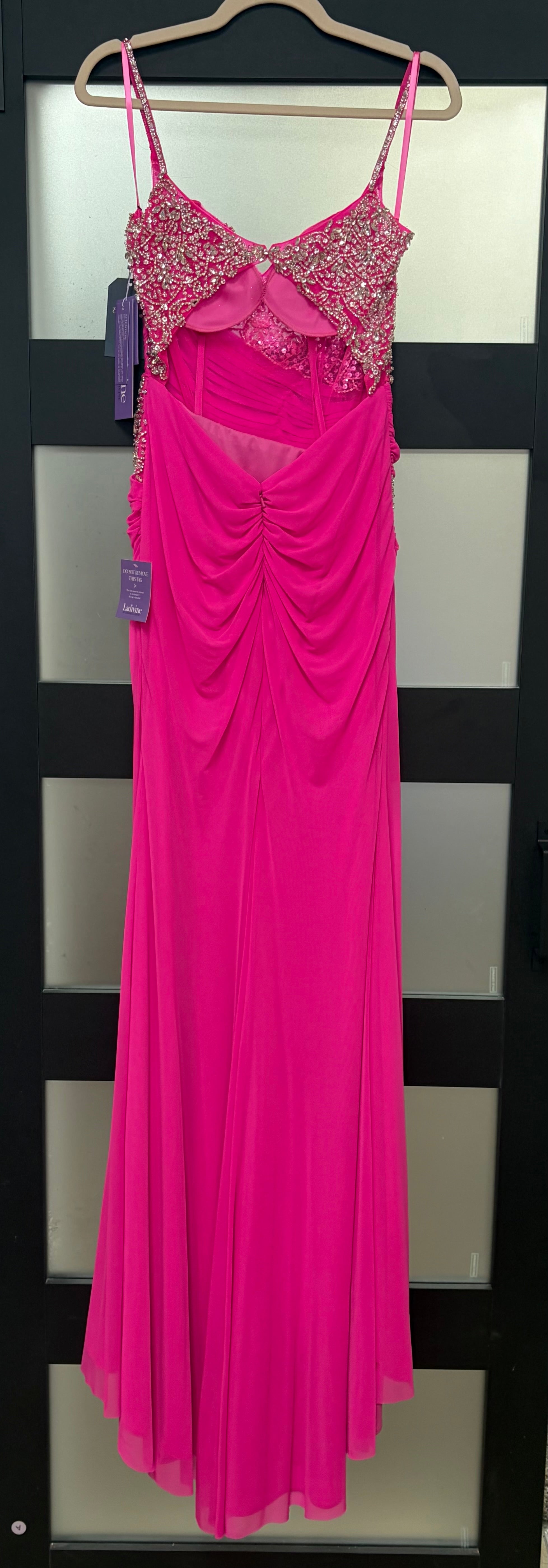 LaDivine CDS552 Hot Pink Beaded Ruched Evening Gown with High Slit