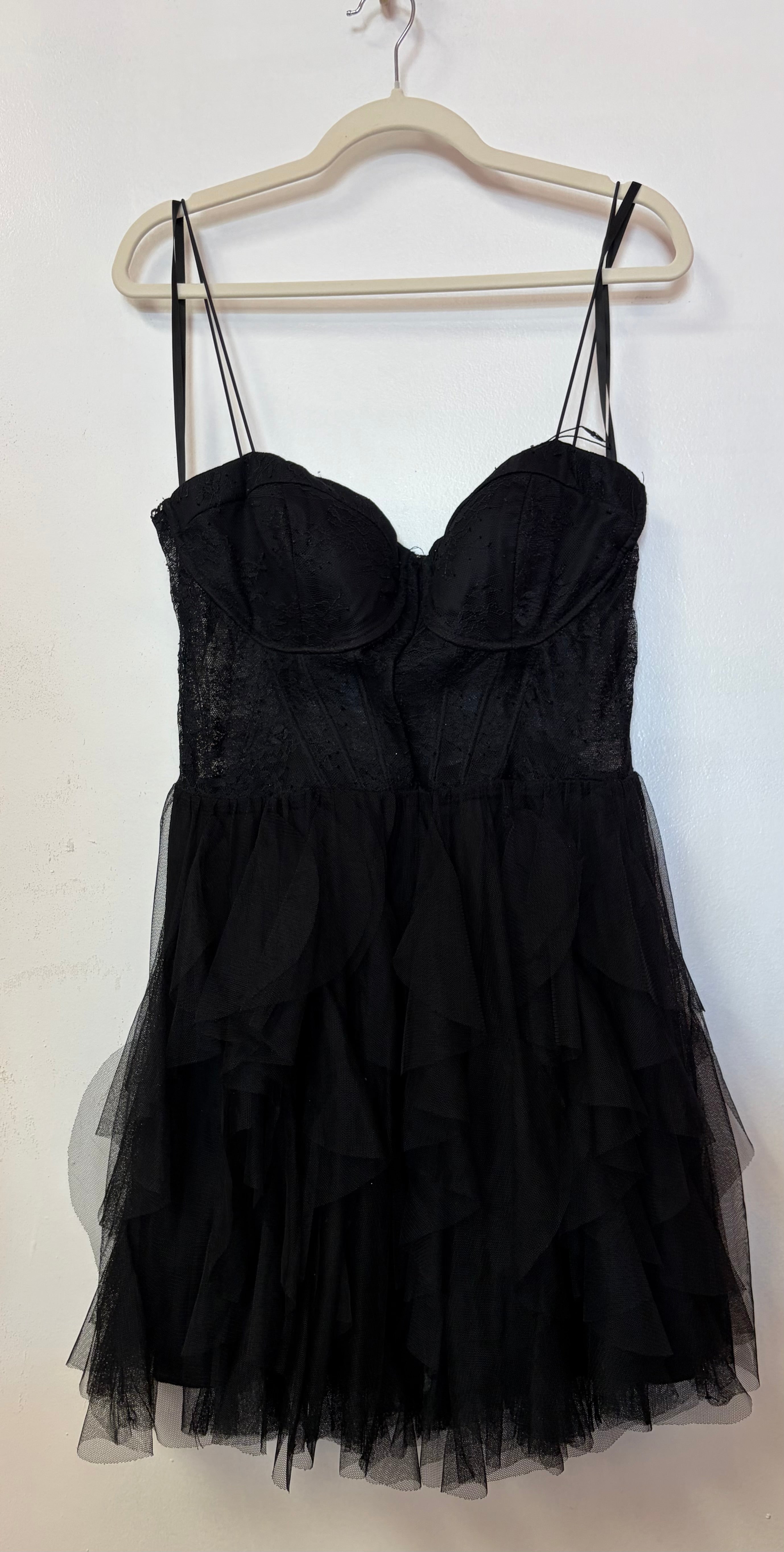 B. Darlin Black Tiered Tulle Homecoming Dress with Corset Bodice and Ruffle Skirt