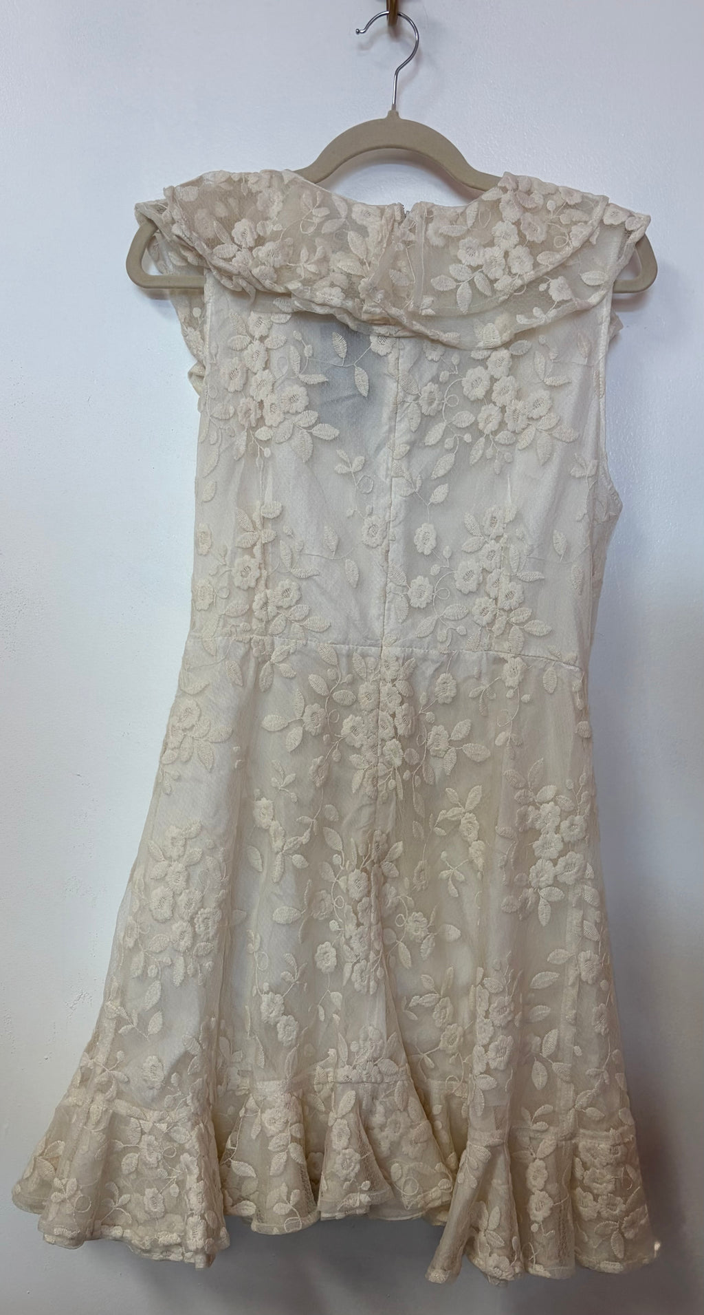 BB Dakota Cream Floral Lace Ruffle Wrap Dress with Cascading Ruffle Detail