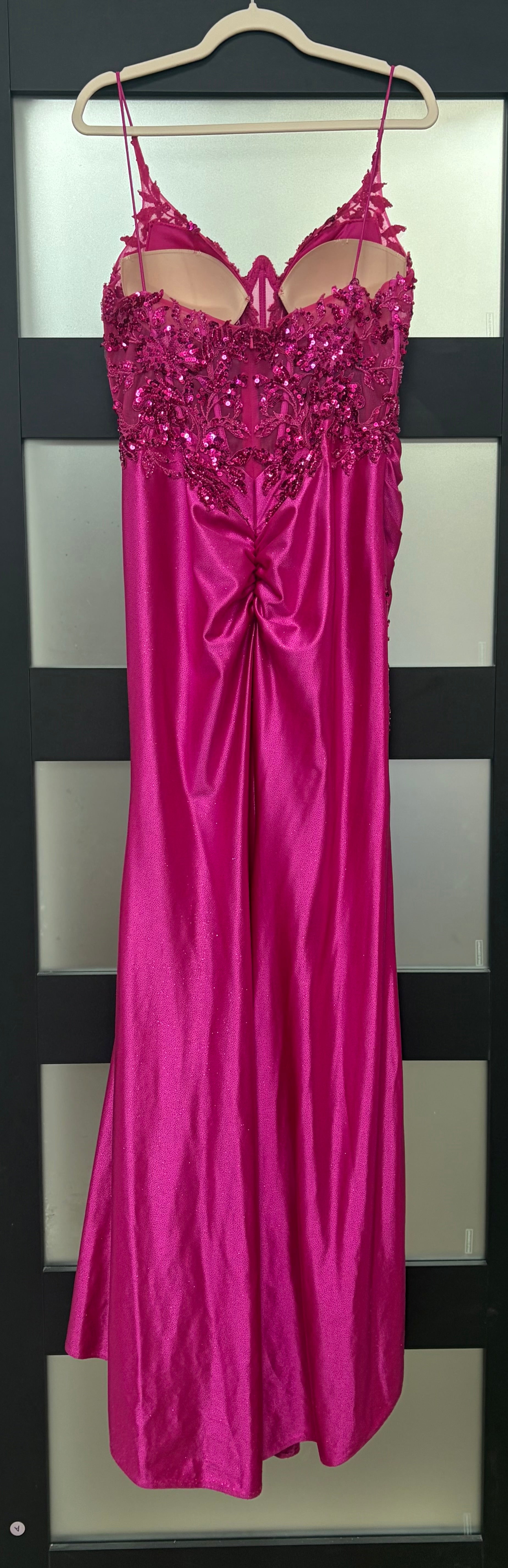 LaDivine S439 Fuchsia Satin Corset Prom Dress with Draped Overskirt