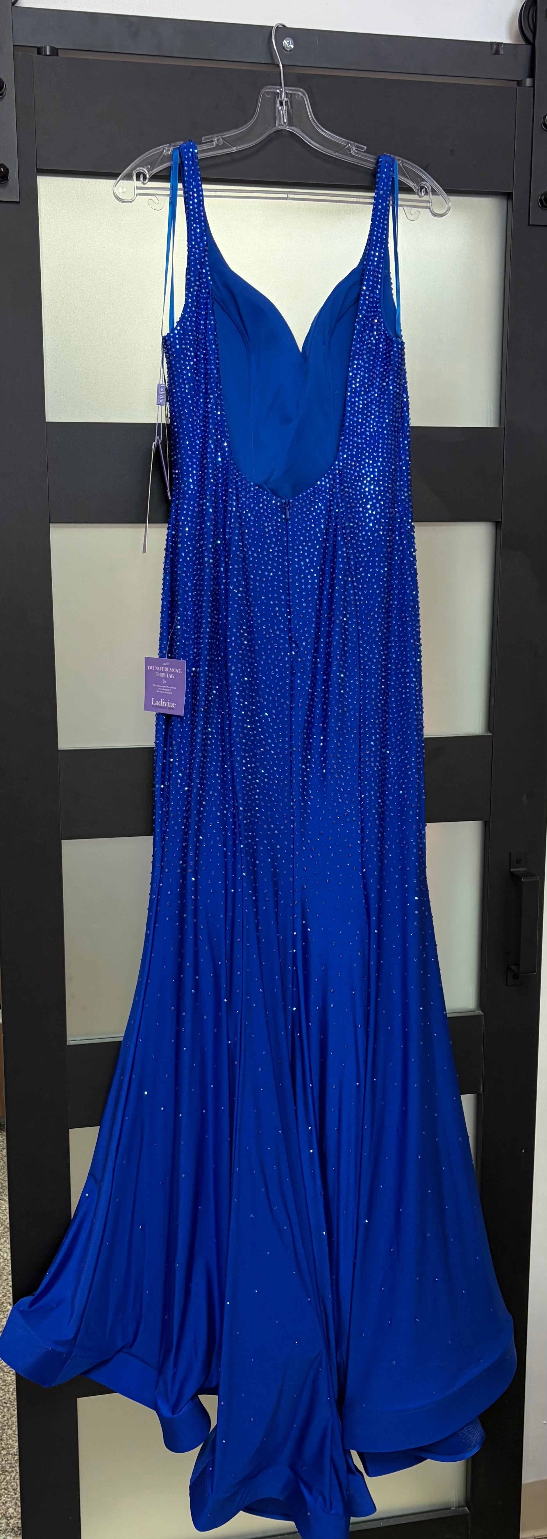 LaDivine CB119 Royal Blue Rhinestone Jersey Prom Dress with Open Back