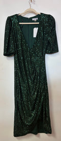 Calvin Klein Emerald Green Sequin Wrap Cocktail Dress with Puff Sleeves and Asymmetrical Hem