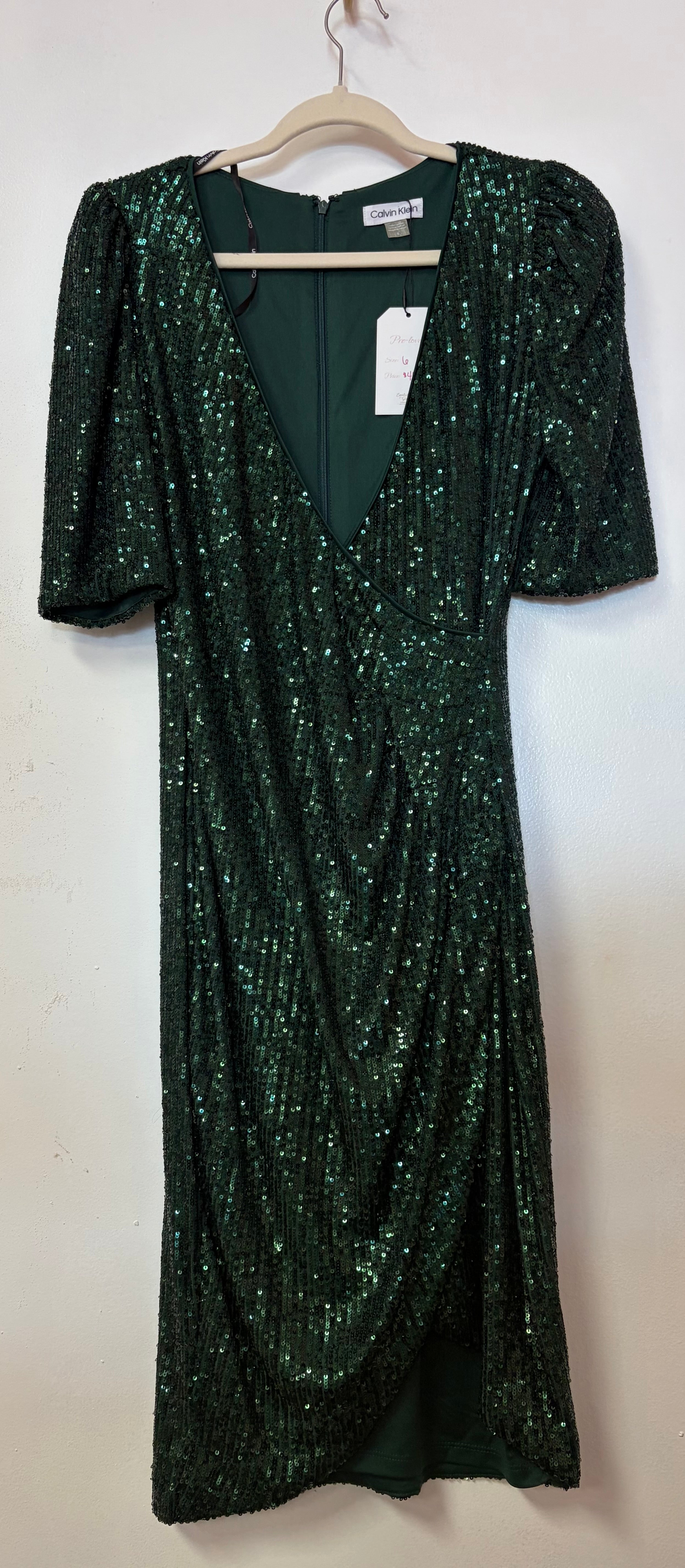 Calvin Klein Emerald Green Sequin Wrap Cocktail Dress with Puff Sleeves and Asymmetrical Hem
