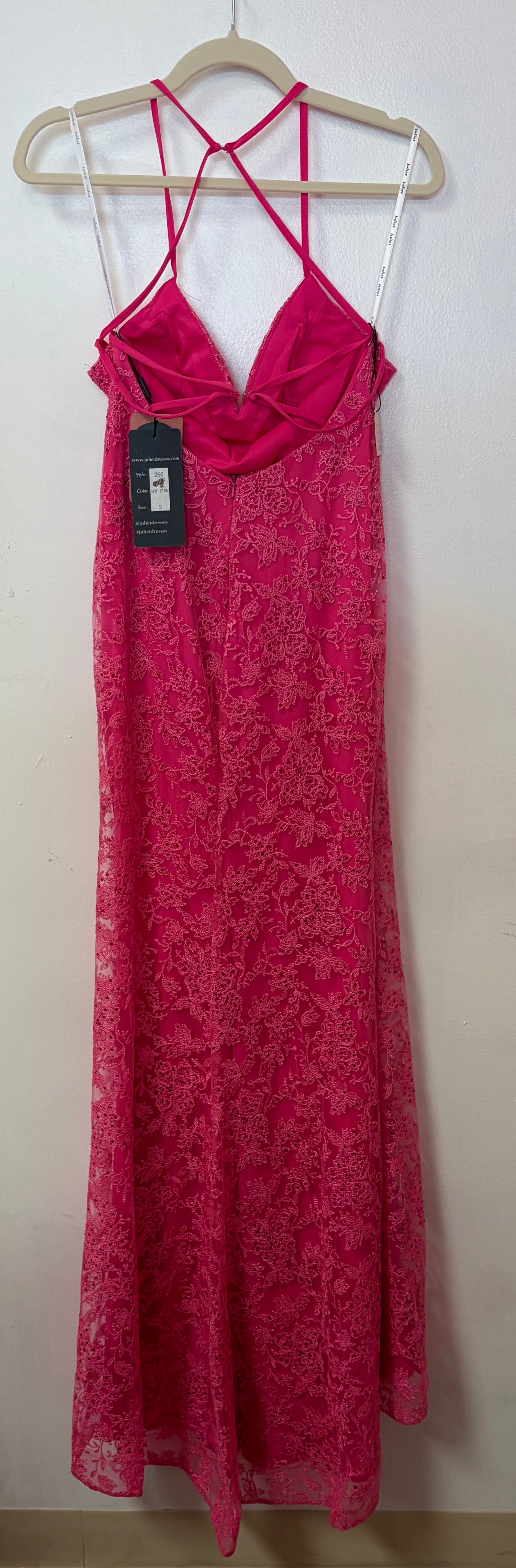 Juliet 266 Fuchsia Lace Overlay Prom Dress with Cowl Neck and Open Strappy Back