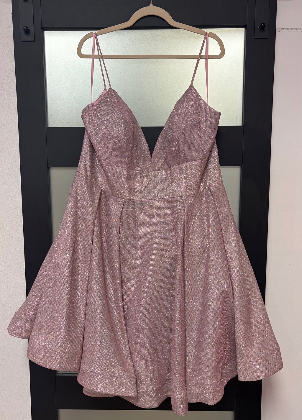Blush Pink Metallic Off-the-Shoulder Fit & Flare Homecoming Dress