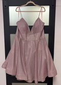 Blush Pink Metallic Off-the-Shoulder Fit & Flare Homecoming Dress
