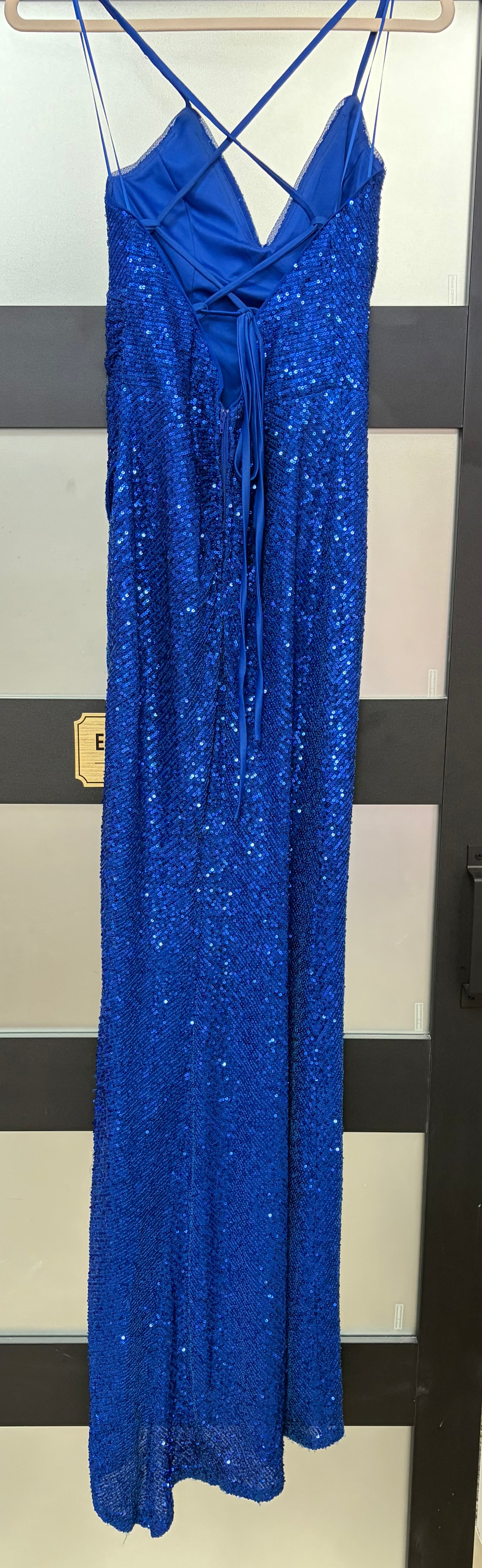 Crystal Doll Royal Blue Sequin Wrap Gown with Lace-Up Back