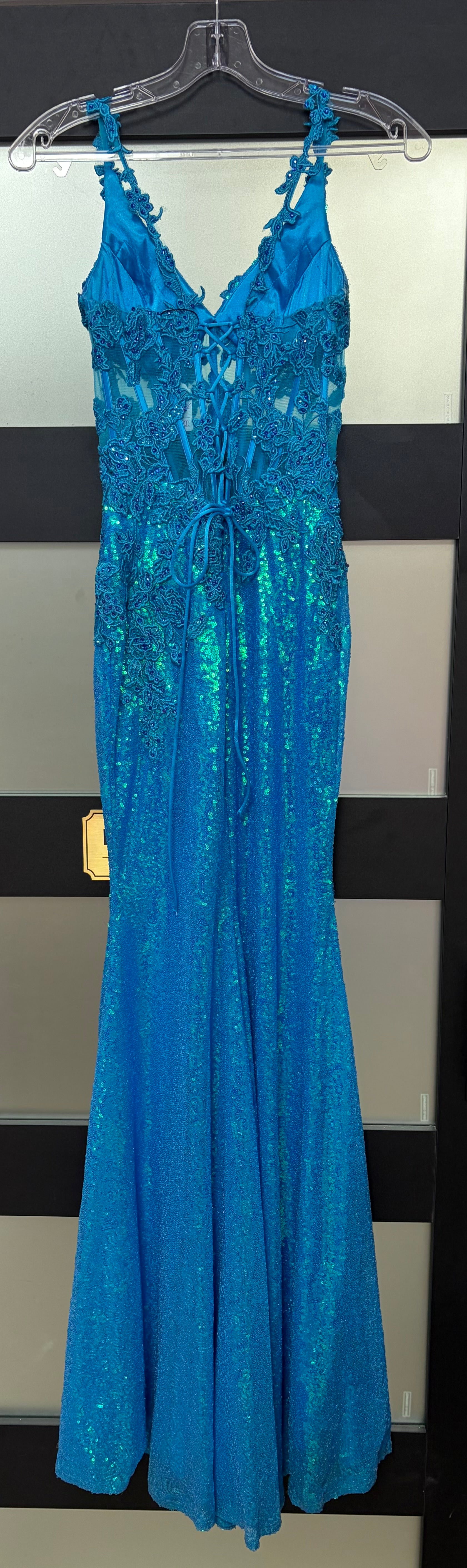 Colors Dress 2848 Electric Blue Sequin Mermaid Gown with Lace-Up Back