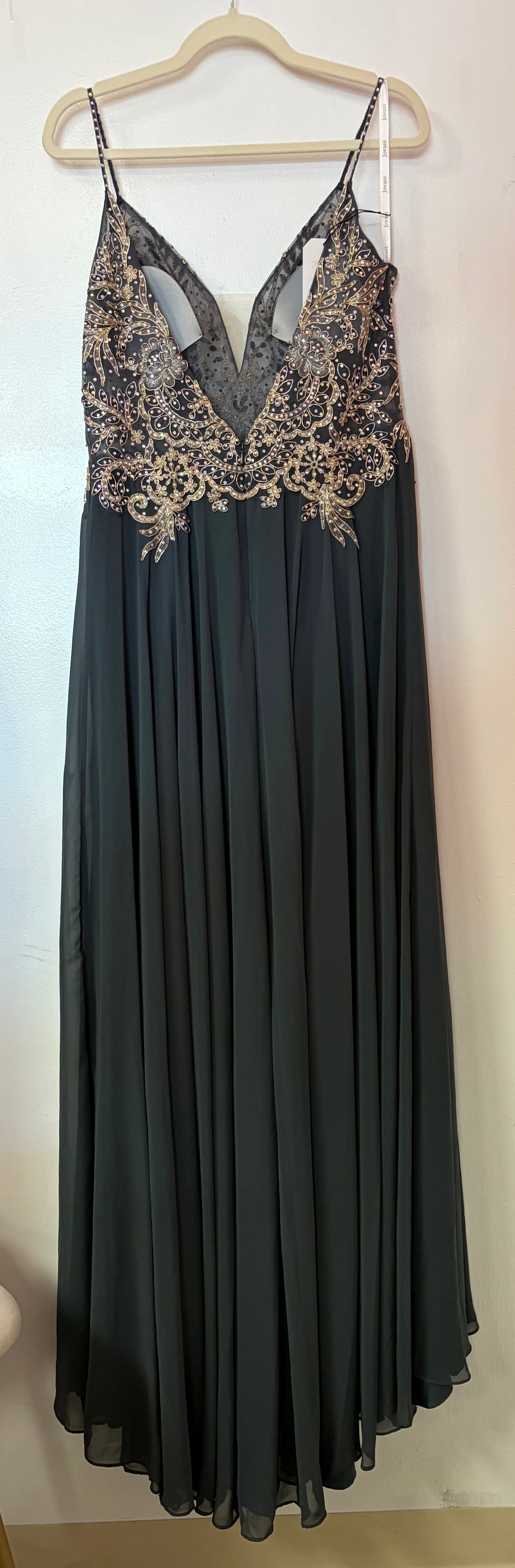 JVN by Jovani JVN55885 Charcoal Chiffon A-Line Gown with Gold